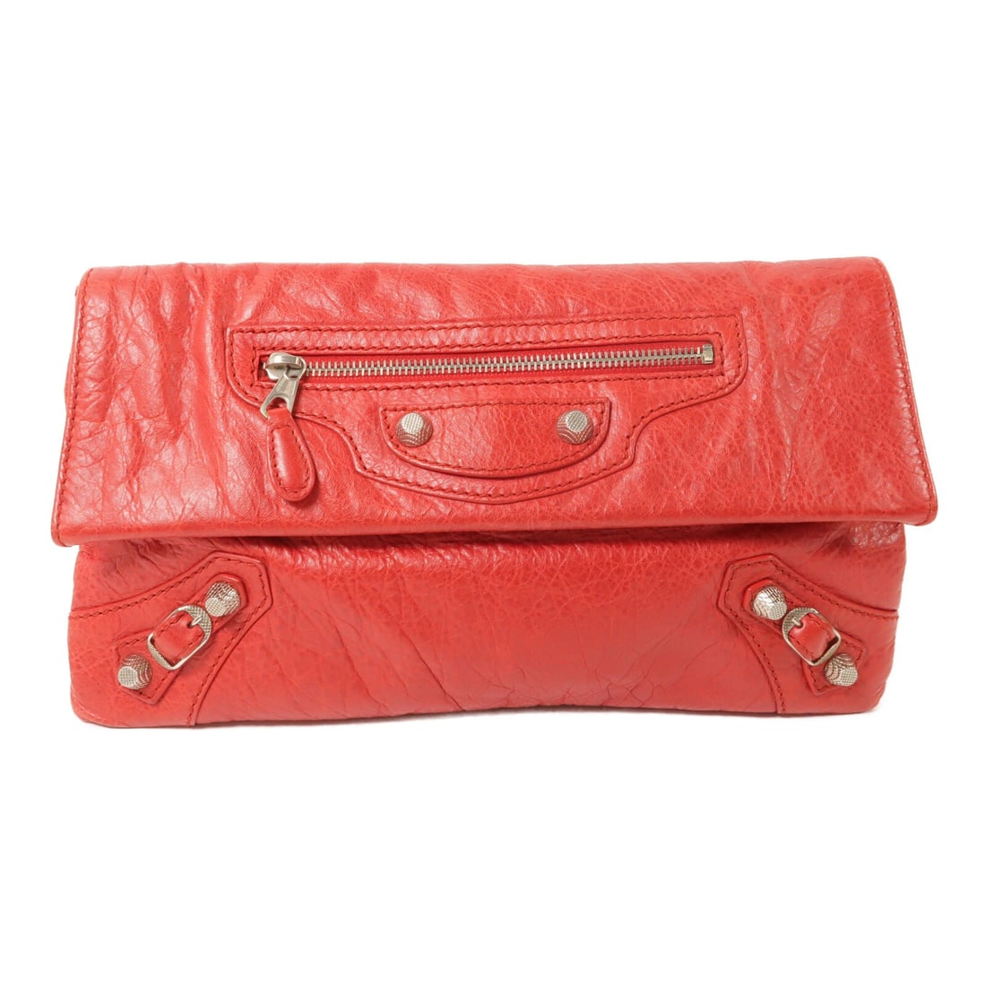 Balenciaga Red Calfskin Clutch with Silver Hardware: Balenciaga Red Calfskin Clutch with Silver Hardware This Balenciaga clutch bag features red calfskin leather and a sleek silhouette. Designed for women, it offers a structured shape with a secure fram