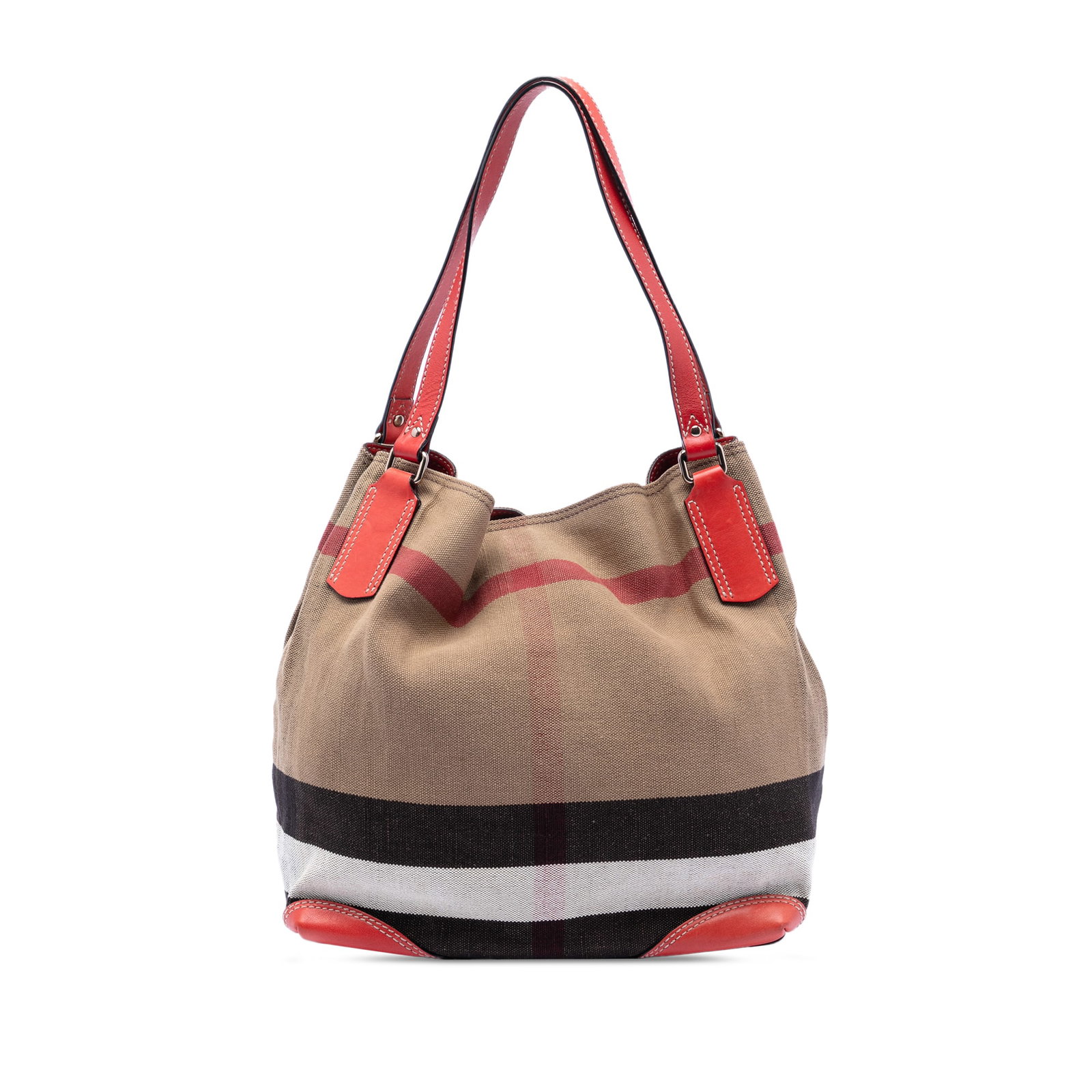 Burberry Maidstone Tote Mega Check Canvas with Leather Trim: Burberry Maidstone Tote Mega Check Canvas with Leather Trim This Burberry Maidstone tote features a mega check canvas body with leather trim, flat leather handles, an open top with a clasp closure, an