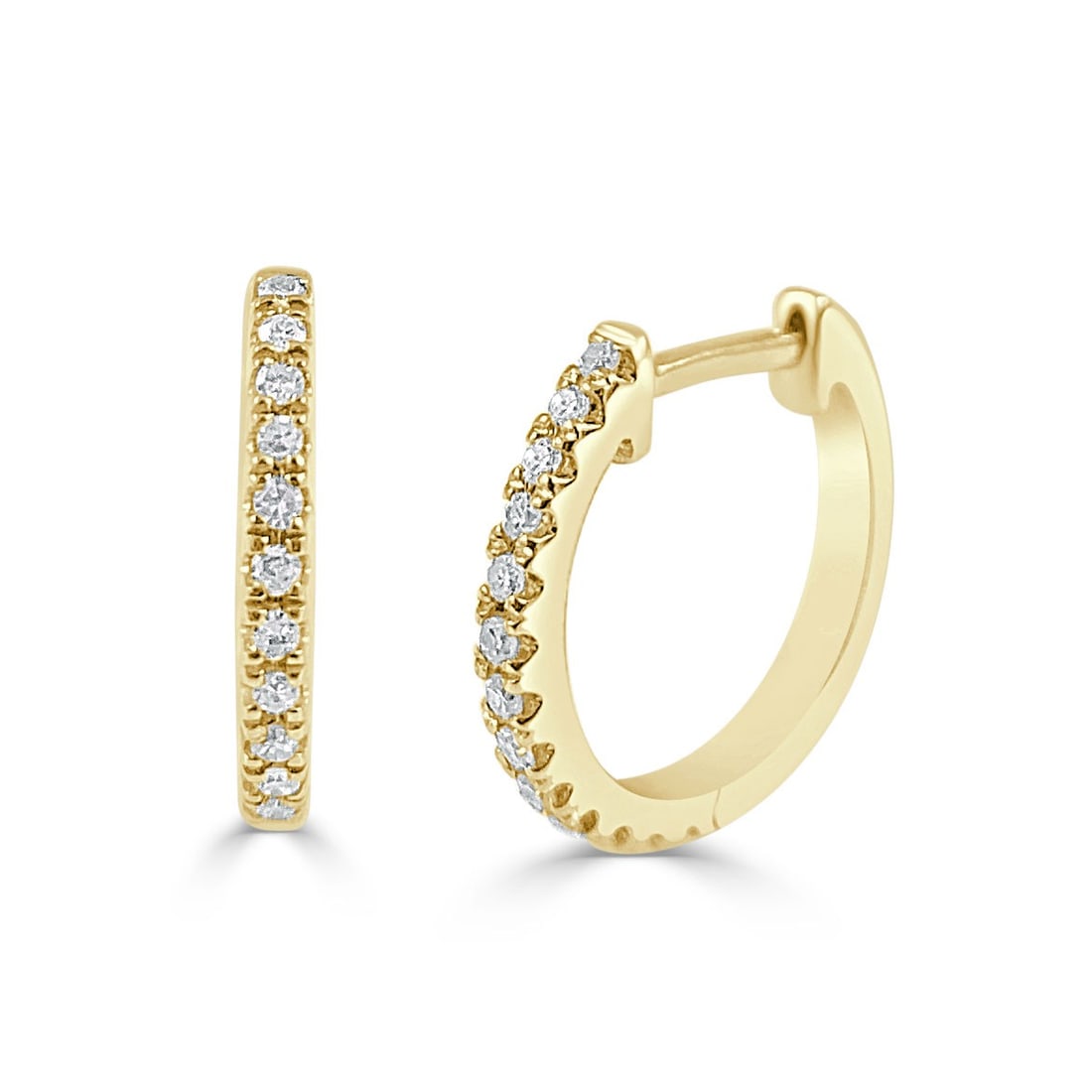 Diamond Huggie Earrings in 14KT Yellow Gold by Sabrina Designs Co: Diamond Huggie Earrings in 14KT Yellow Gold by Sabrina Designs Co These women's huggie earrings are crafted from 14k yellow gold and feature a total of 26 round white diamonds with a combined weight o