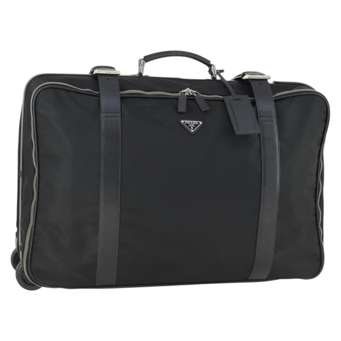 Prada Black Nylon Suitcase with Leather Trim and Silver Accents: Prada Black Nylon Suitcase with Leather Trim and Silver Accents This PRADA suitcase features a black nylon exterior with silver-tone accents and leather trim. Made in Italy, it offers a spacious inter