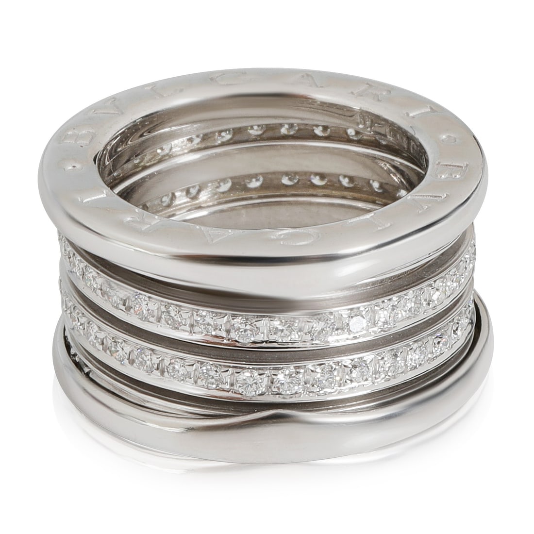 B.zero1 Three-Band 18k White Gold Diamond Ring by BVLGARI 0.89ct Size 4.75: B.zero1 Three-Band 18k White Gold Diamond Ring by BVLGARI 0.89ct Size 4.75 This BVLGARI B.zero1 three-band ring is crafted from 18k white gold and features round brilliant white diamonds totaling 0.89
