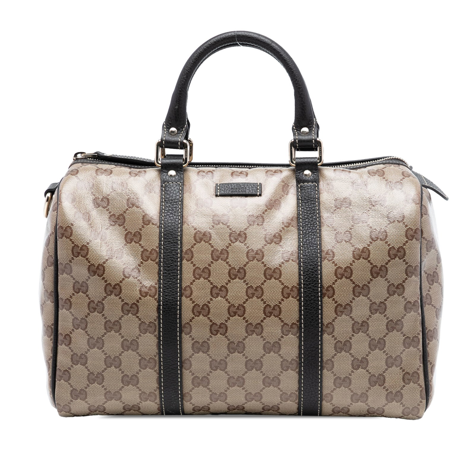 Gucci Joy Boston Medium GG Crystal Coated Canvas Handbag: Gucci Joy Boston Medium GG Crystal Coated Canvas Handbag This Gucci Medium GG Crystal Joy Boston Bag features a coated canvas body with leather trim, rolled leather handles, a top zip closure, and an 