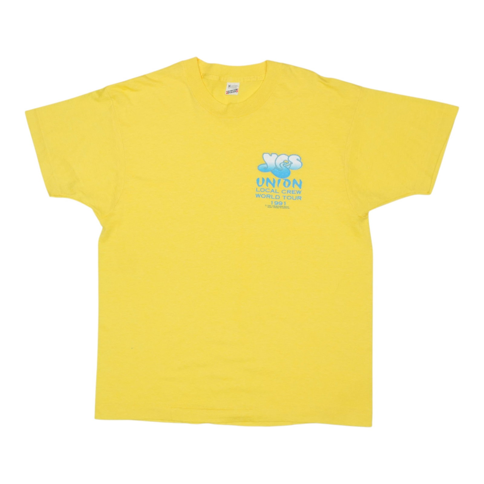 Vintage 1991 Yes Band Local Crew Tour T Shirt Yellow Poly Cotton: Vintage 1991 Yes Band Local Crew Tour T Shirt Yellow Poly Cotton This original vintage 1991 Yes Local Crew World Tour shirt is an authentic piece from the 1990s, not a modern reproduction. The shirt f