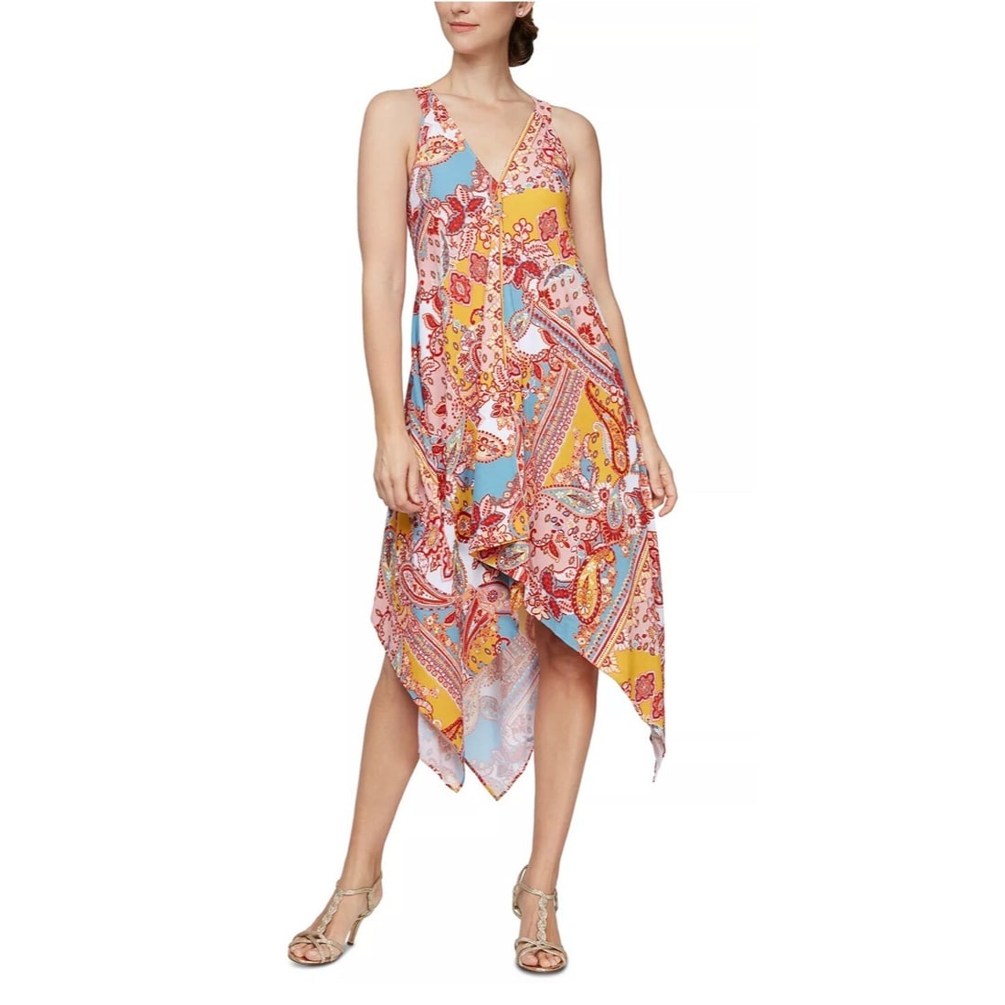 S.L. Fashions Yellow Floral V Neck Midi Dress with Handkerchief Hem: S.L. Fashions Yellow Floral V Neck Midi Dress with Handkerchief Hem Elevate your casual wardrobe with this stunning Women's Handkerchief-Hem V Neck Midi Dress in vibrant yellow multi floral pattern. D