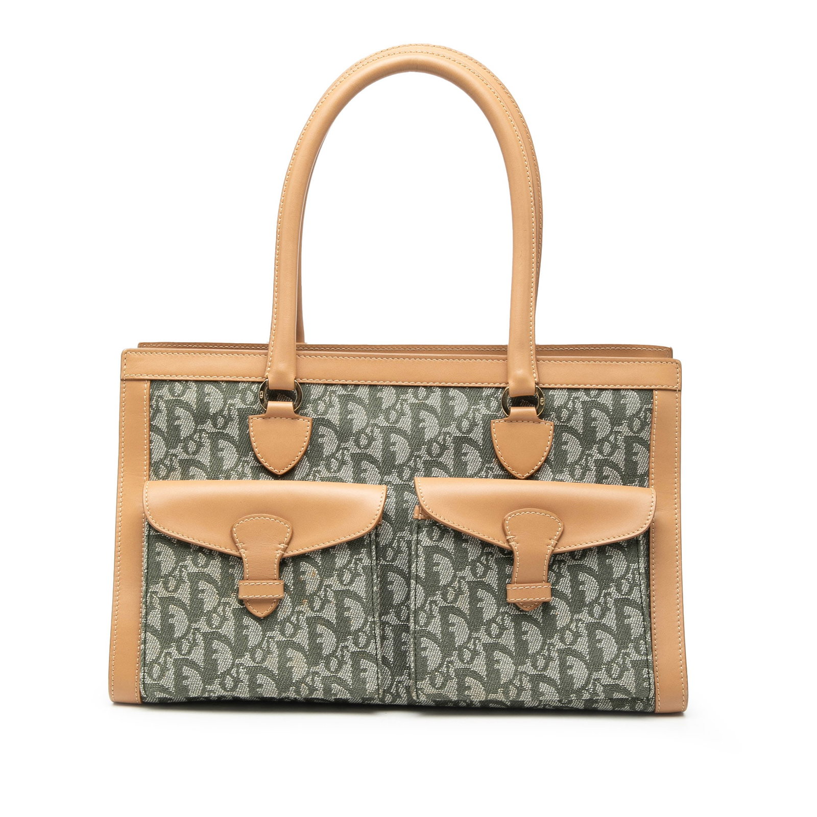 Green Dior Diorissimo Trotter Canvas Tote with Double Front Pockets: Green Dior Diorissimo Trotter Canvas Tote with Double Front Pockets This Diorissimo Trotter Canvas Double Pocket Tote features a green canvas body with leather trim, rolled leather handles, an open to