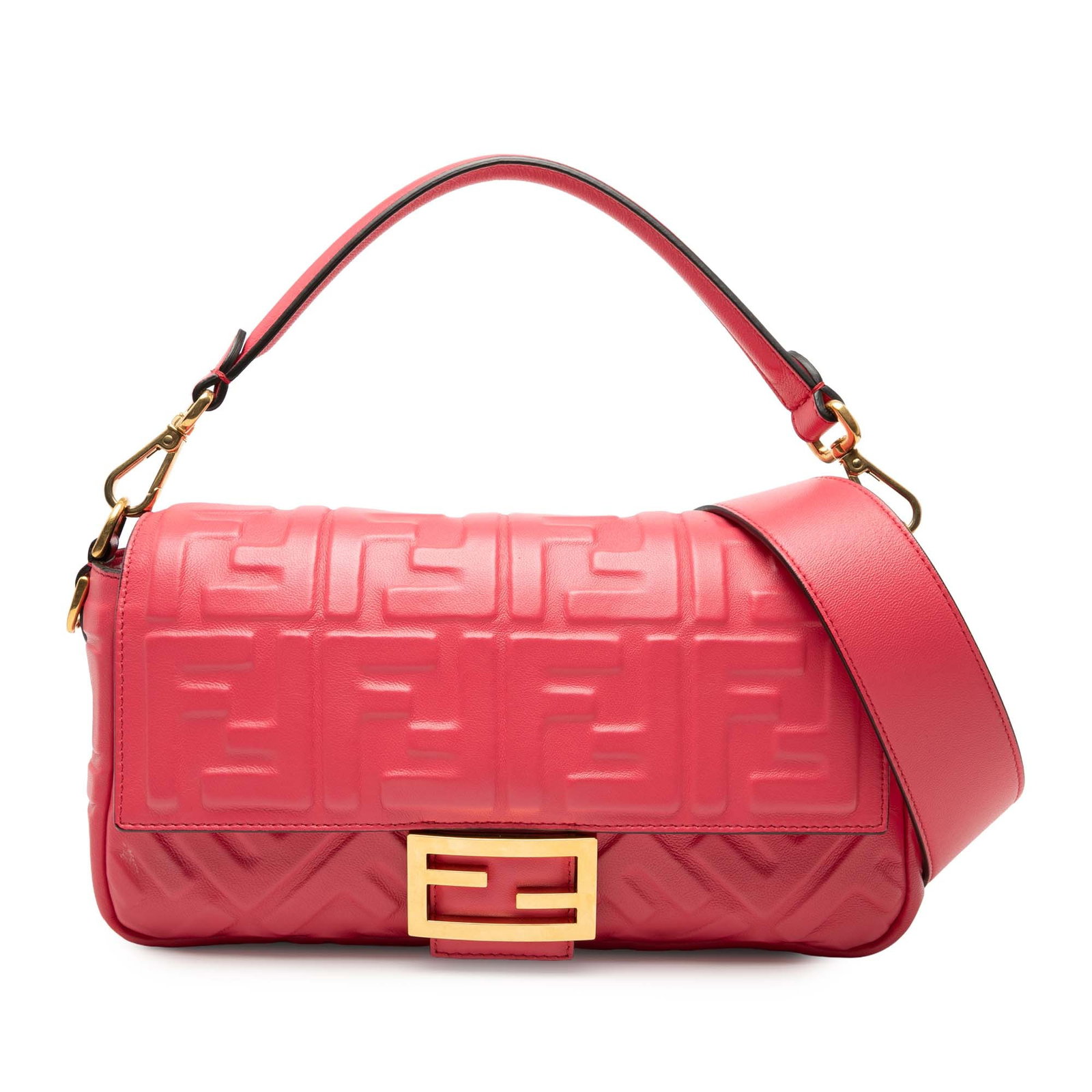 Fendi Pink Zucca Leather Baguette Satchel with Detachable Strap: Fendi Pink Zucca Leather Baguette Satchel with Detachable Strap This Fendi Zucca Embossed Leather Baguette Satchel features an embossed leather body in pink, complemented by a flat leather handle and 