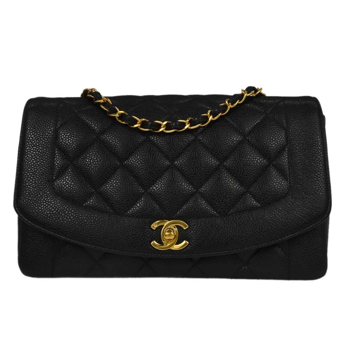 CHANEL Diana black calfskin quilted shoulder bag: CHANEL Diana black calfskin quilted shoulder bag This Chanel Diana Shoulder Bag is crafted from black quilted calfskin leather and features a medium-sized silhouette. The bag is designed with a flap t