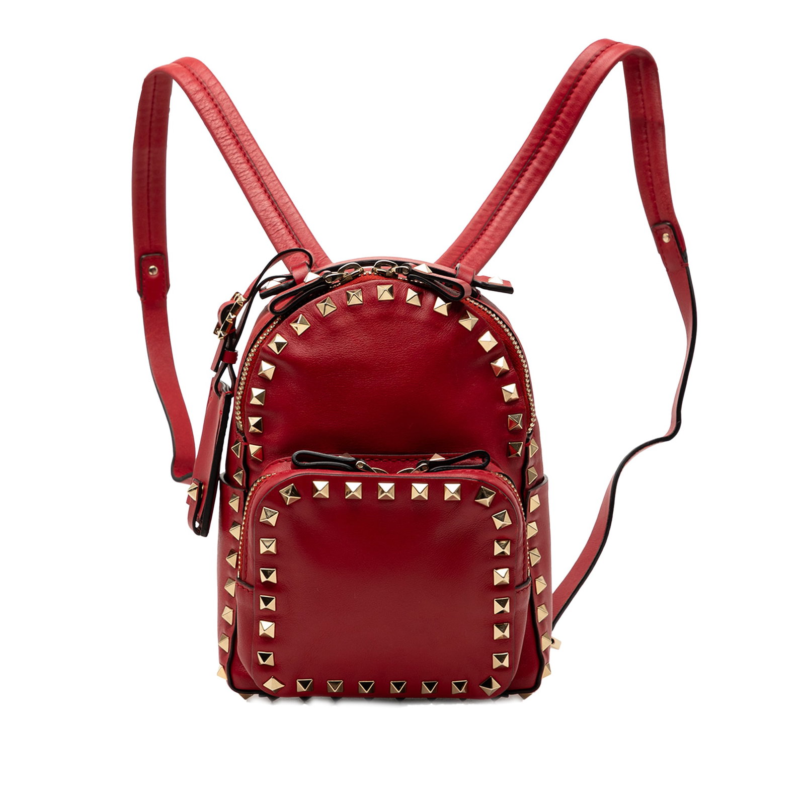 Red Valentino Rockstud Mini Leather Backpack with Studded Detailing: Red Valentino Rockstud Mini Leather Backpack with Studded Detailing This Valentino Mini Calfskin Rockstud Backpack features a red leather body with signature stud embellishments, a flat leather top ha