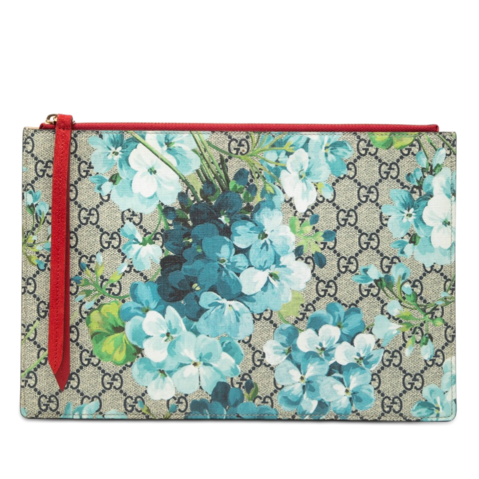 Floral Print GG Supreme Canvas Clutch by Gucci: Floral Print GG Supreme Canvas Clutch by Gucci This Gucci GG Supreme Blooms Clutch features a floral print on coated canvas and is equipped with a top zip closure. The bag is beige and crafted in Ital