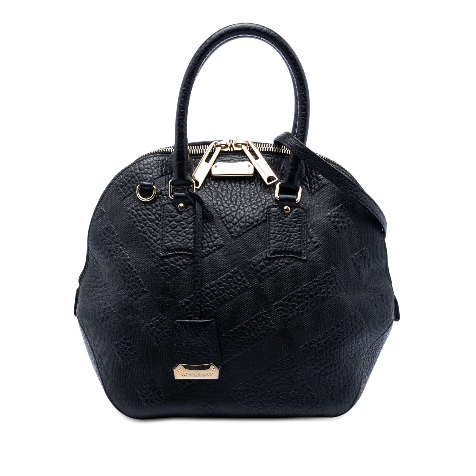 Burberry Orchard Black Leather Bowling Bag with Embossed Heritage Grain Check: Burberry Orchard Black Leather Bowling Bag with Embossed Heritage Grain Check This Burberry Large Heritage Grain Check Embossed Orchard Bowling Bag features a grained and embossed leather body, rolled