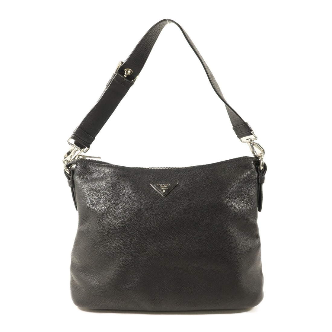 Prada Black Calfskin BR5122 Hobo Shoulder Bag with Silver Hardware: Prada Black Calfskin BR5122 Hobo Shoulder Bag with Silver Hardware This Prada shoulder bag is crafted from black calfskin leather and features silver-tone hardware. Designed in a hobo style, it offers