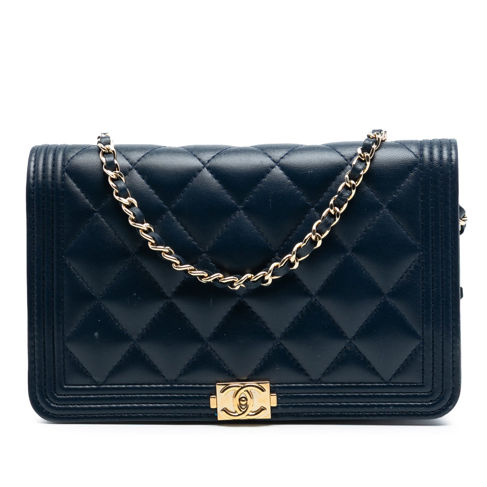 Chanel Boy Chain Wallet Blue Quilted Lambskin Leather Flap Bag: Chanel Boy Chain Wallet Blue Quilted Lambskin Leather Flap Bag This Chanel Boy Wallet On Chain features a quilted lambskin leather exterior in blue, complemented by a leather-woven chain strap and a f