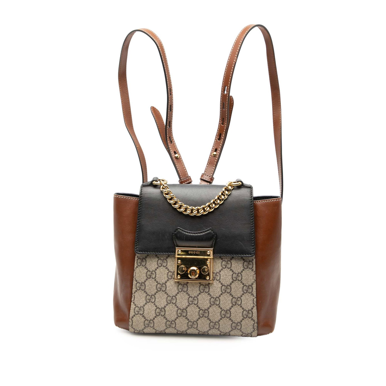 Gucci GG Supreme Padlock Coated Canvas Leather Backpack Beige Gold Tone Hardware: Gucci GG Supreme Padlock Coated Canvas Leather Backpack Beige Gold Tone Hardware This Gucci GG Supreme Padlock Backpack features a beige coated canvas body with leather side panels, a gold-tone top ch