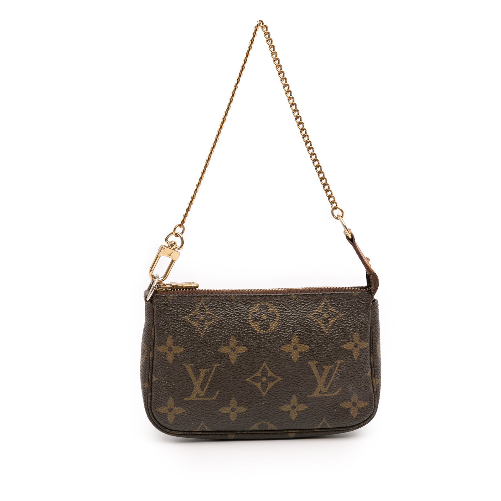 Louis Vuitton Mini Monogram Canvas Pouch with Gold Chain Strap: Louis Vuitton Mini Monogram Canvas Pouch with Gold Chain Strap This Louis Vuitton Monogram Mini Pochette Accessoires features the signature monogram canvas exterior, complemented by a gold-tone chain 