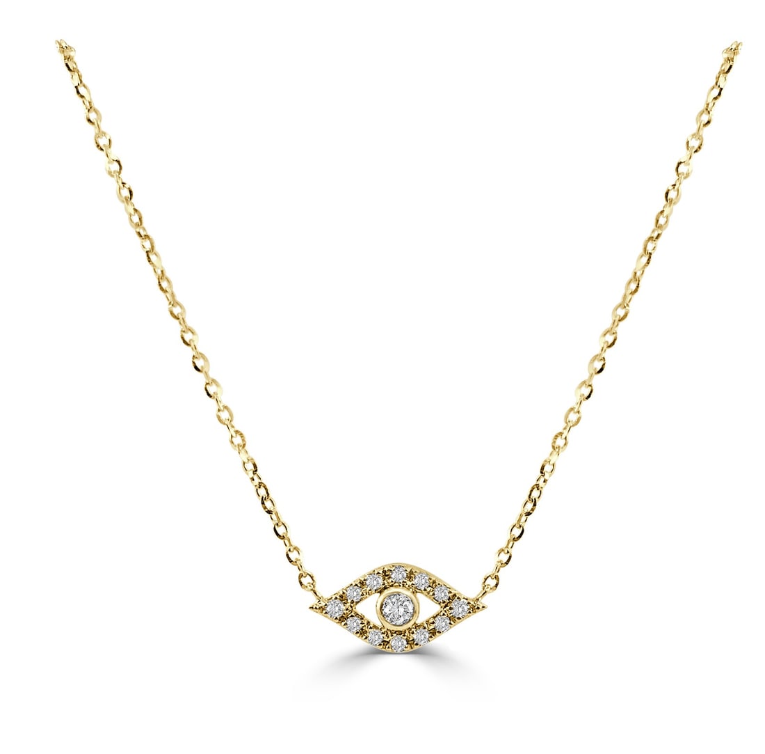Evil Eye Collection Diamond Pendant Necklace in 14k Yellow Gold: Evil Eye Collection Diamond Pendant Necklace in 14k Yellow Gold This women's necklace features a round pendant crafted from 14k yellow gold and adorned with 13 white diamonds totaling 0.09 carats. Sho