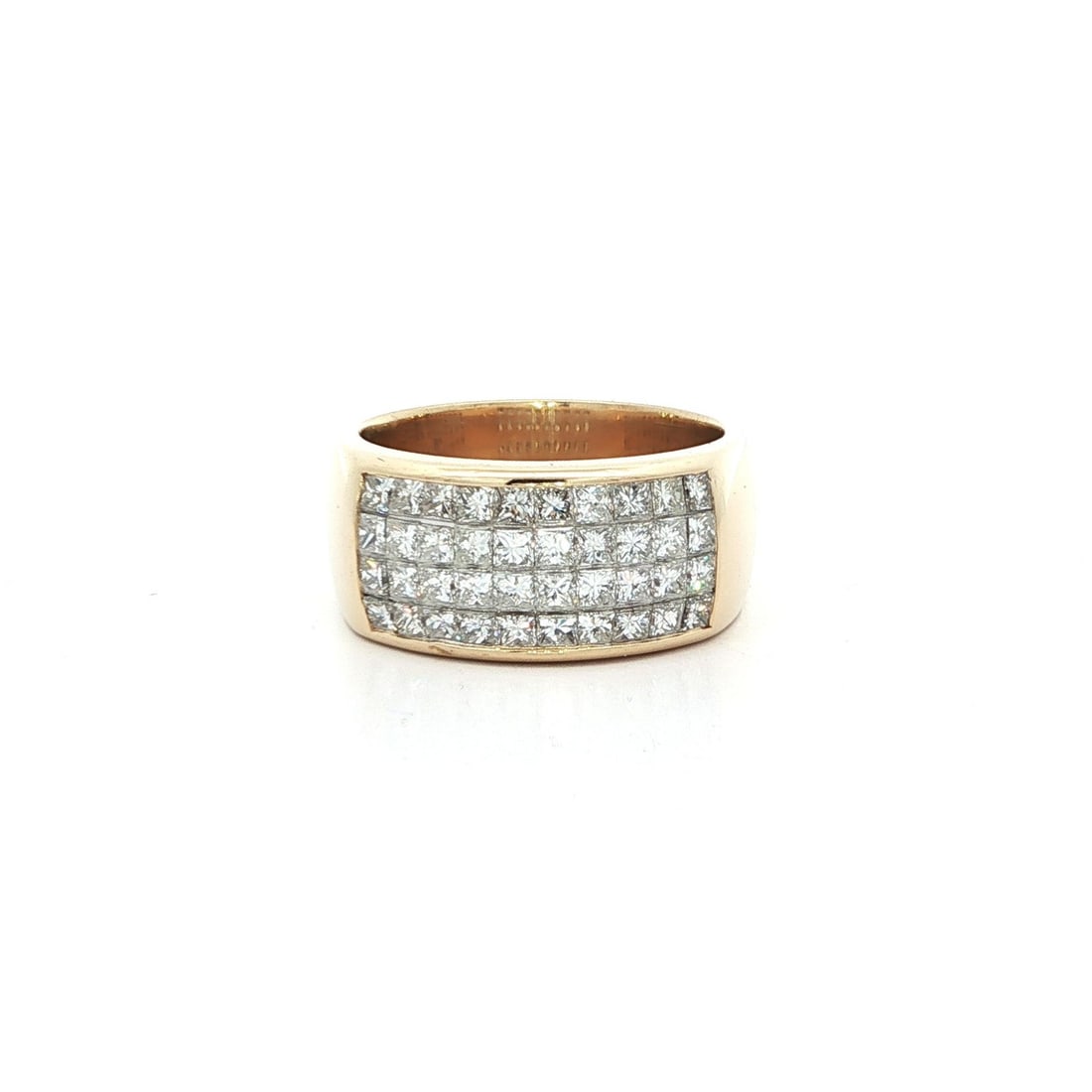 14k Yellow Gold 1.2ctw F VS Princess Cut Diamond Wide Band Ring: 14k Yellow Gold 1.2ctw F VS Princess Cut Diamond Wide Band Ring This stunning wide band ring features a remarkable design crafted from solid 14k yellow gold. It showcases an impressive total carat wei