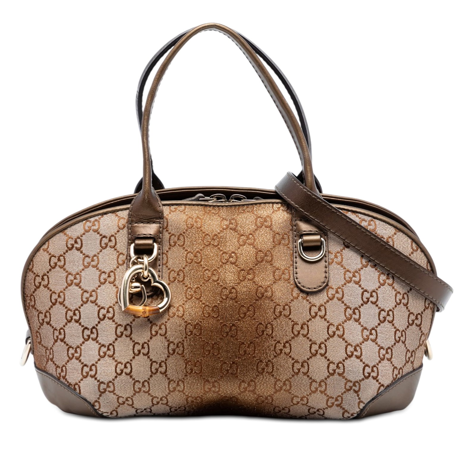 Gucci Heart Bit Satchel GG Lurex Canvas with Leather Trim: Gucci Heart Bit Satchel GG Lurex Canvas with Leather Trim This Gucci GG Lurex Heart Bit Satchel features a beige canvas body with leather trim, rolled leather handles, and a detachable, adjustable fla