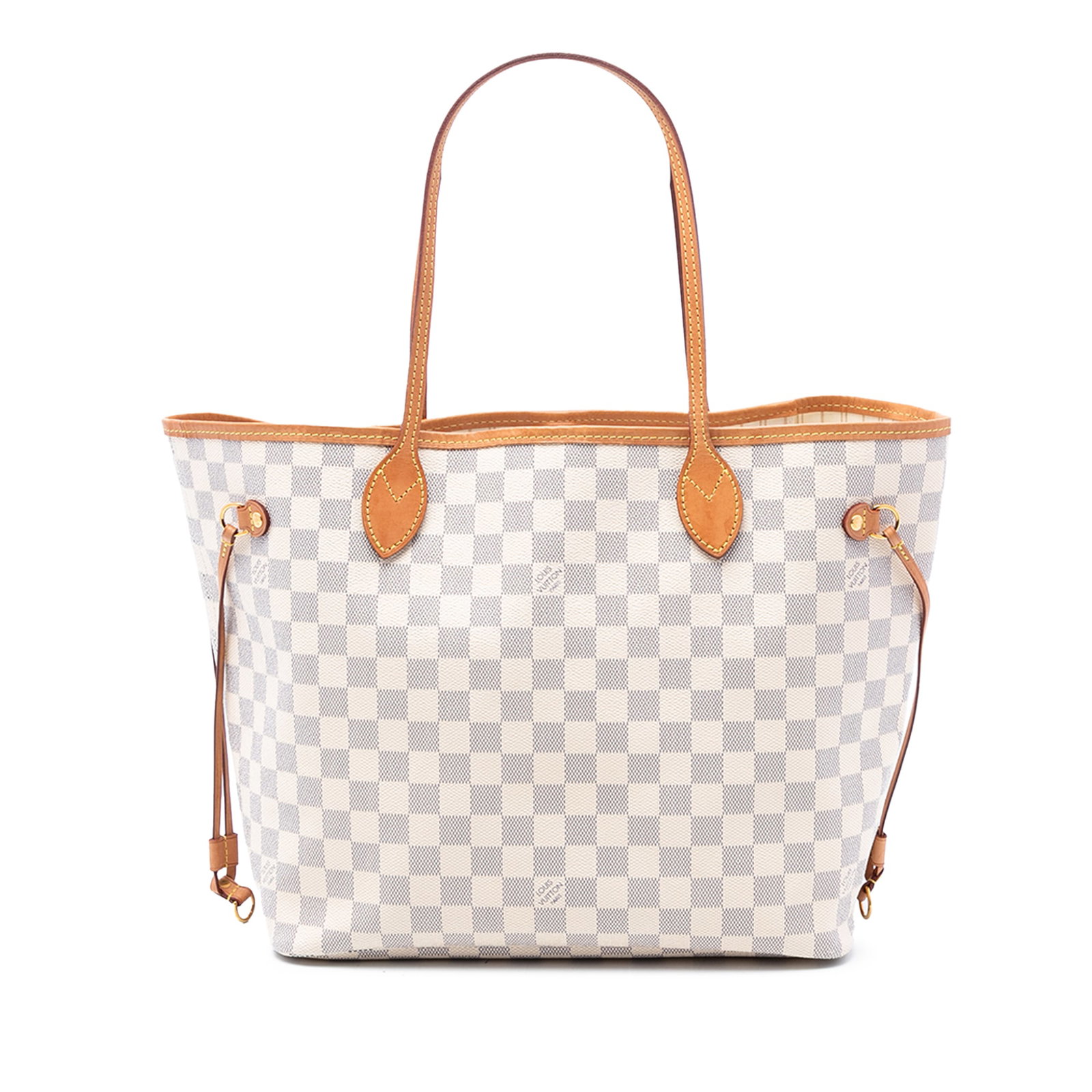 Louis Vuitton Neverfull MM Tote in Damier Azur Canvas: Louis Vuitton Neverfull MM Tote in Damier Azur Canvas This Louis Vuitton Neverfull MM features the signature Damier Azur canvas body, flat leather handles, an open top with a lobster claw clasp, and a