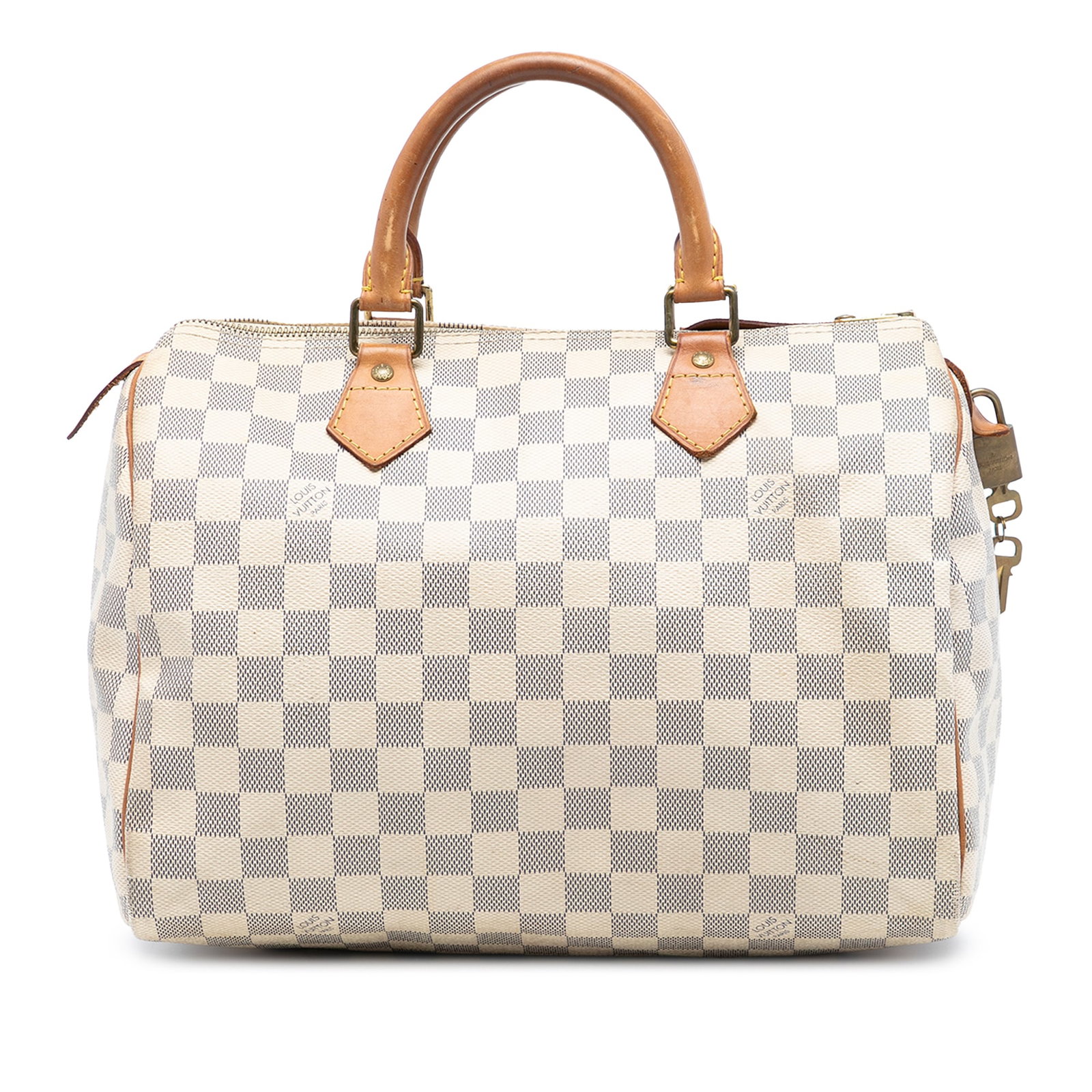 Louis Vuitton Speedy 30 Damier Azur Canvas Bag with Vachetta Handles: Louis Vuitton Speedy 30 Damier Azur Canvas Bag with Vachetta Handles This Louis Vuitton Speedy 30 features the signature Damier Azur canvas with rolled vachetta leather handles, a top zip closure, and