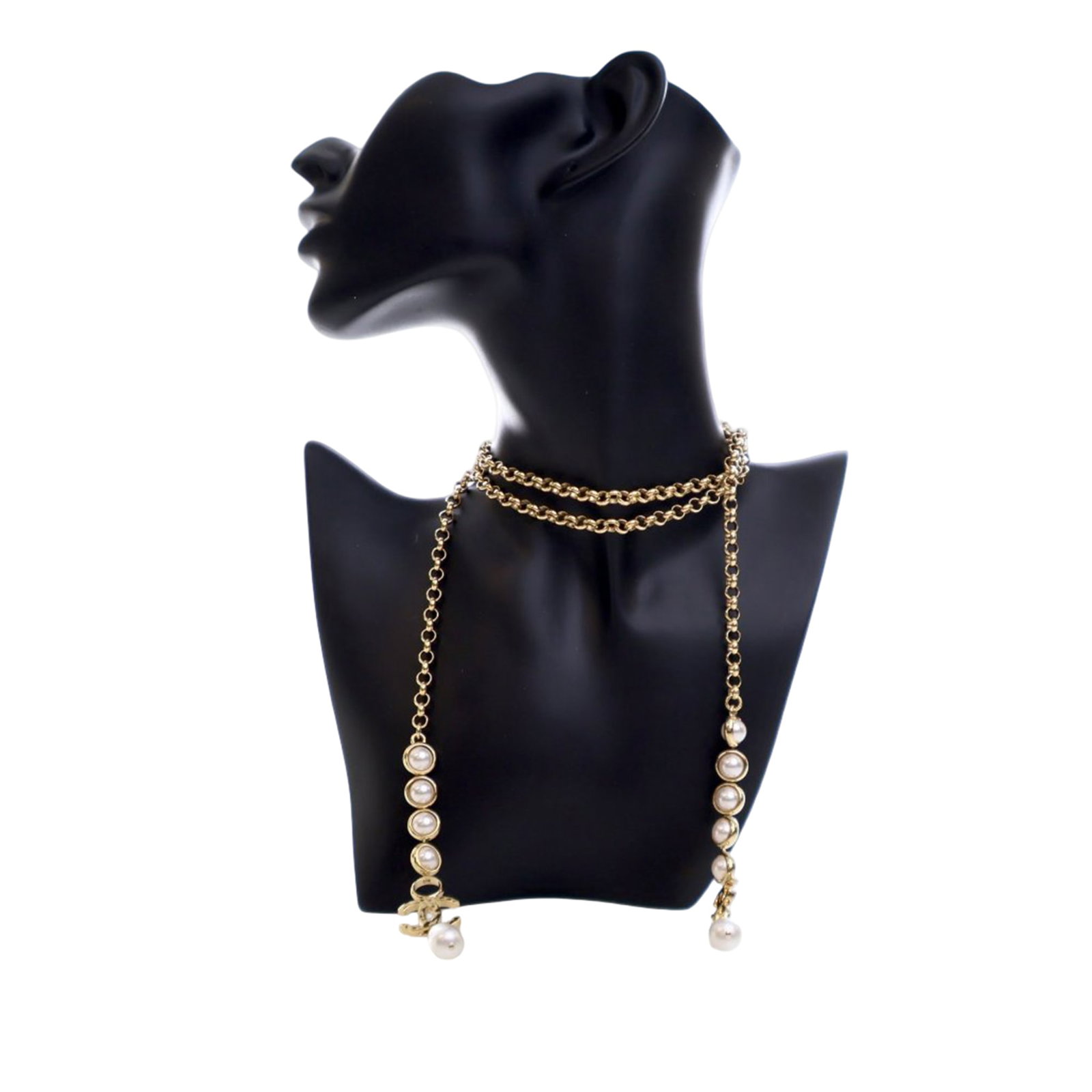 Chanel Wrap Necklace with Gold Plated CC and Faux Pearl Accents: Chanel Wrap Necklace with Gold Plated CC and Faux Pearl Accents This Chanel necklace features a gold-tone chain adorned with faux pearl embellishments in a wrap-around style. Crafted in Italy, it show