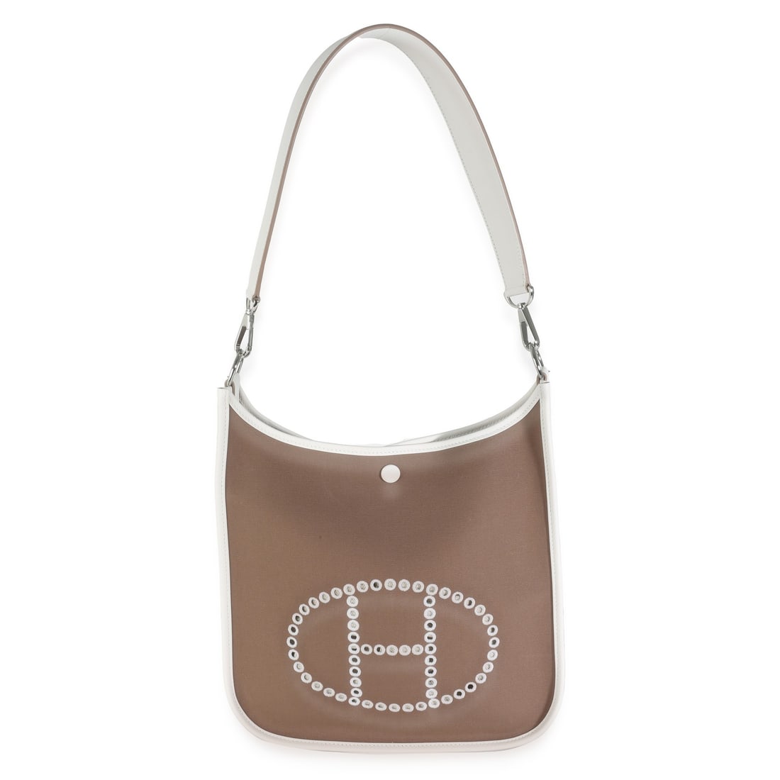 Hermes Evelyne 29 Etoupe Toile Swift Leather Shoulder Bag with Removable Strap: Hermes Evelyne 29 Etoupe Toile Swift Leather Shoulder Bag with Removable Strap This Hermes Evelyne 29 shoulder bag features a combination of brown and white leather and canvas with a coordinating canv