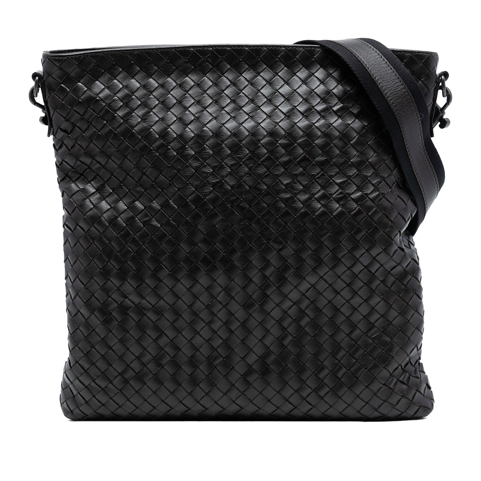 Bottega Veneta Woven Nappa Leather Intrecciato VN Black Crossbody Bag: Bottega Veneta Woven Nappa Leather Intrecciato VN Black Crossbody Bag This Bottega Veneta Nappa Intrecciato VN Crossbody bag features a woven leather body in black, an adjustable flat strap, a top zip