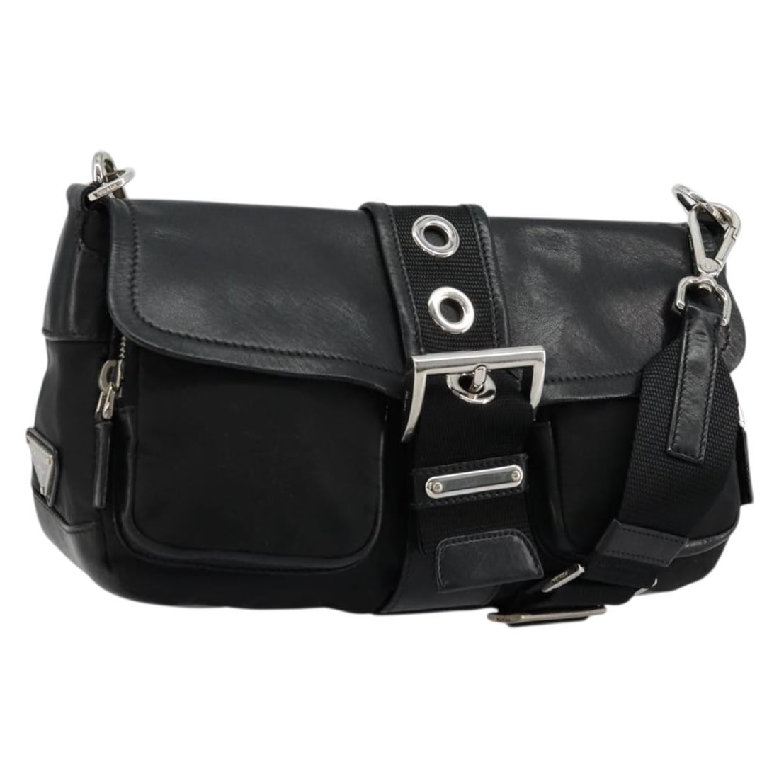 Prada Nylon Leather Black Silver Shoulder Bag Italy Dust Bag: Prada Nylon Leather Black Silver Shoulder Bag Italy Dust Bag This PRADA shoulder bag features a black nylon exterior with silver-tone accents and leather trim. Designed for women, it offers a practica