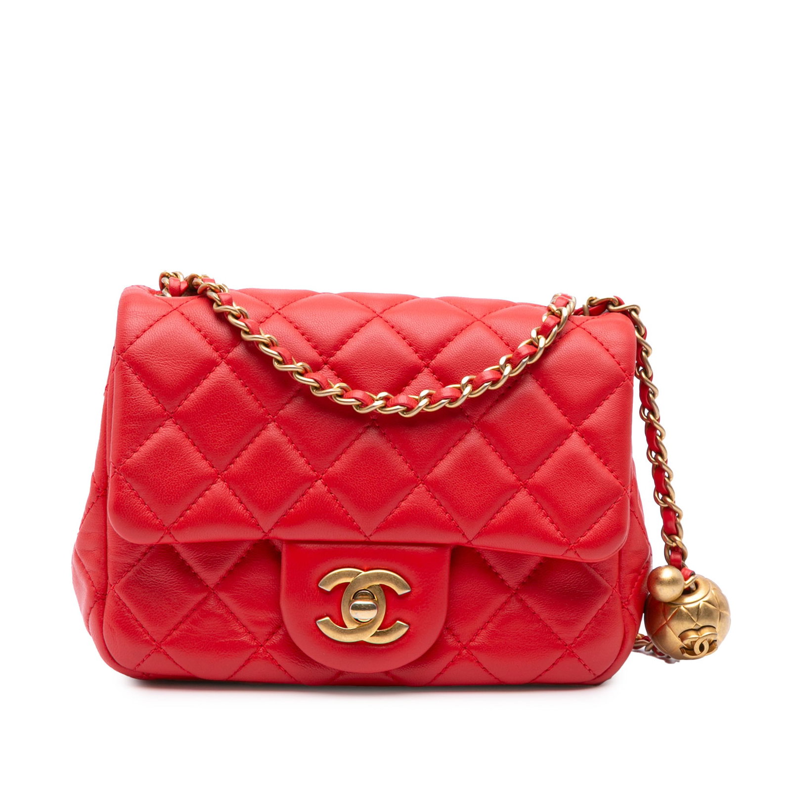 Chanel Mini Square Classic Red Lambskin Pearl Crush Flap Bag: Chanel Mini Square Classic Red Lambskin Pearl Crush Flap Bag Elevate your accessory collection with this Chanel Mini Square Classic Lambskin Pearl Crush Single Flap bag. Crafted from luxurious quilted