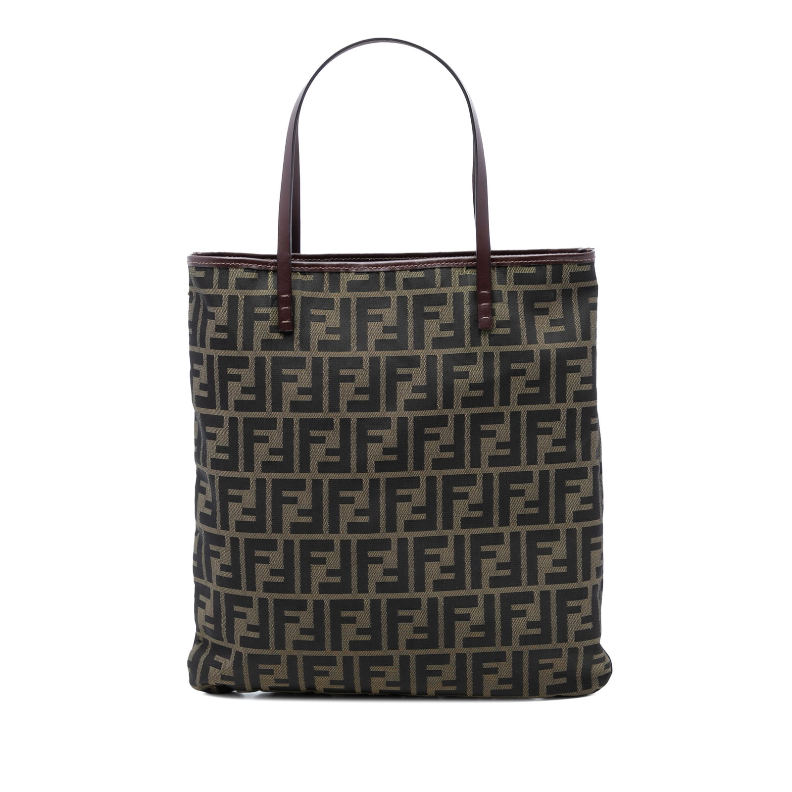 Fendi Zucca Pattern Brown Canvas Tote Bag with Leather Trim: Fendi Zucca Pattern Brown Canvas Tote Bag with Leather Trim This Fendi Zucca Canvas Tote features a signature canvas body with leather trim, flat leather straps, and an open top design. The bag showca