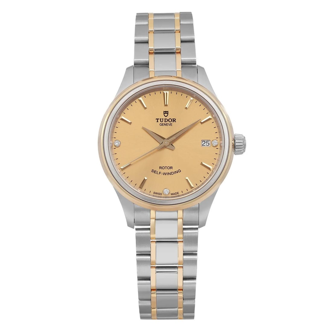 TUDOR Style Champagne Diamond Dial Automatic 34mm Watch with Box and Papers: TUDOR Style Champagne Diamond Dial Automatic 34mm Watch with Box and Papers This elegant Tudor Style wristwatch features a 34mm stainless steel case with a brushed finish and a stunning champagne dial