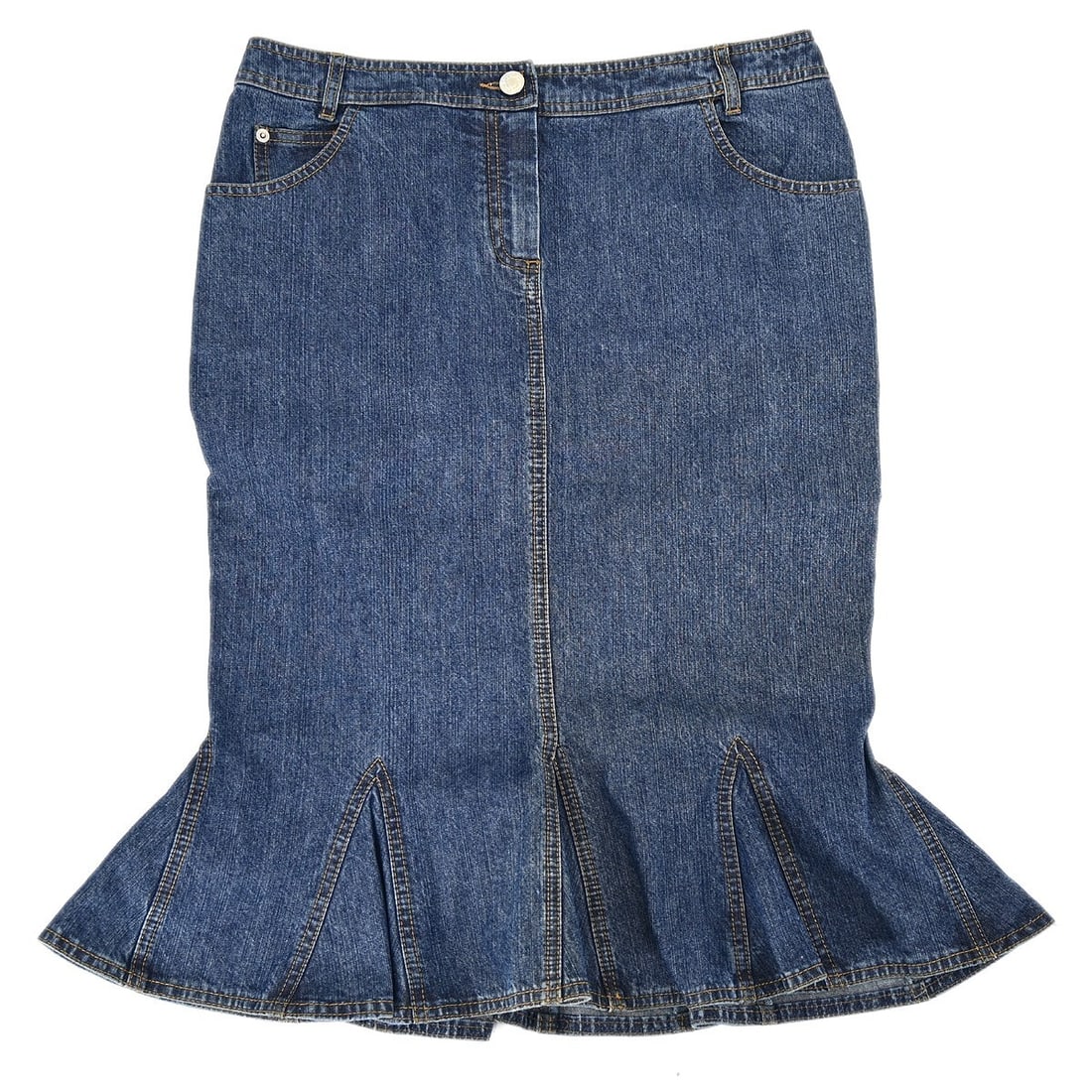 Blue Denim Knee Length Skirt by Christian Dior Size 44: Blue Denim Knee Length Skirt by Christian Dior Size 44 This Christian Dior blue denim skirt features a classic knee-length design, perfect for casual occasions. Made from high-quality denim, it is sui
