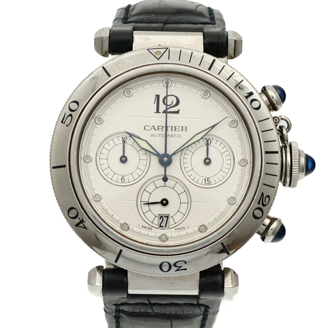 Pasha Chronograph Stainless Steel Automatic Watch W3103055 White Dial: Pasha Chronograph Stainless Steel Automatic Watch W3103055 White Dial This Cartier Pasha Chronograph W3103055 wristwatch features a white dial and stainless steel case and band. The watch operates wit