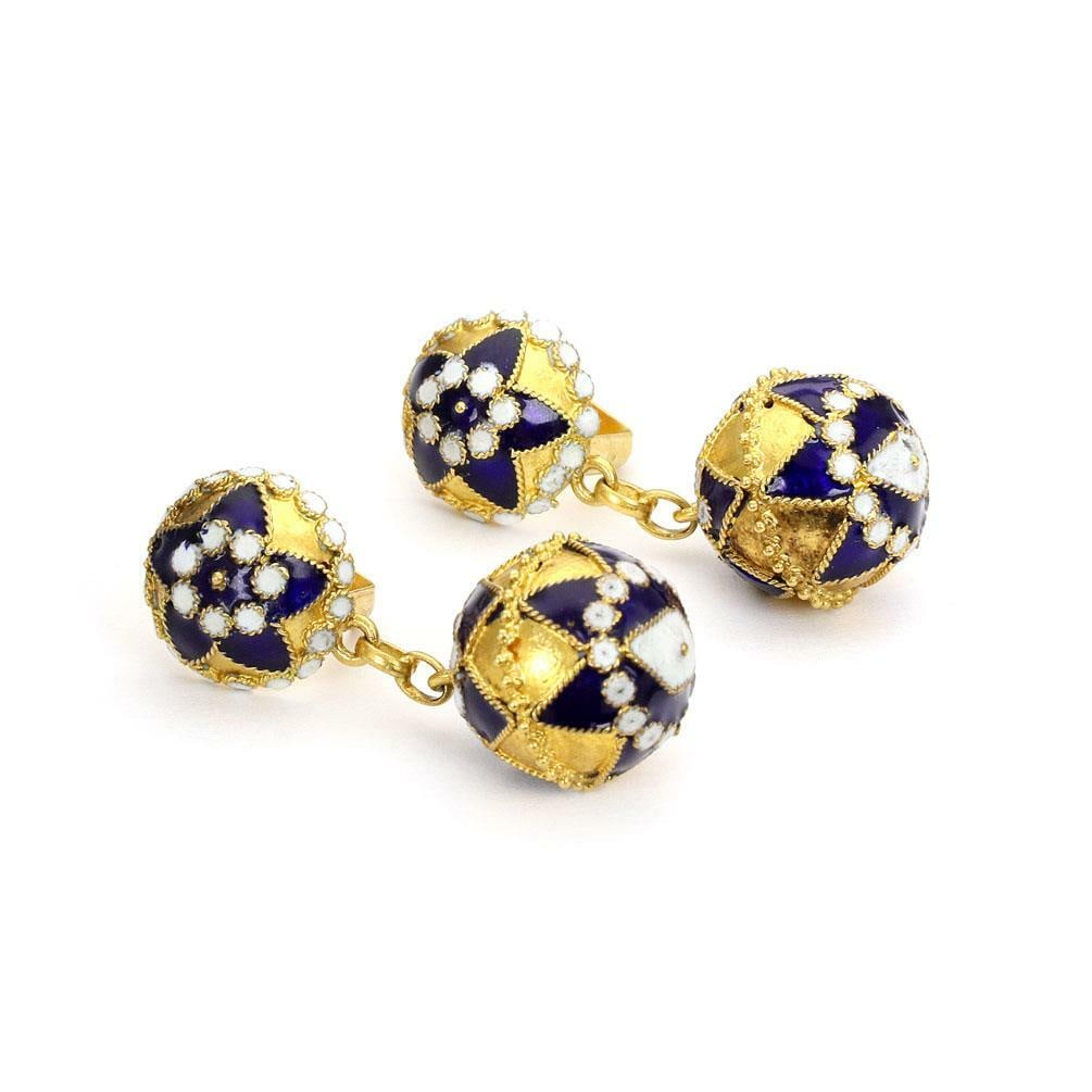 Stunning 18k Yellow Gold Enamel Ball Earrings Retro Era: Stunning 18k Yellow Gold Enamel Ball Earrings Retro Era Adorn yourself with these stunning Retro Era earrings, expertly crafted from 18k yellow gold. The design features a half dome top with a full ba