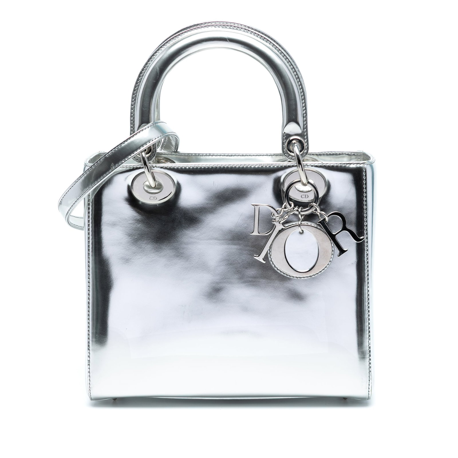 Dior Medium Metallic Patent Leather Lady Dior Bag Silver: Dior Medium Metallic Patent Leather Lady Dior Bag Silver Introducing the Medium Metallic Patent Lady Dior, a stunning handbag crafted from metallic patent leather. This elegant piece features rolled l