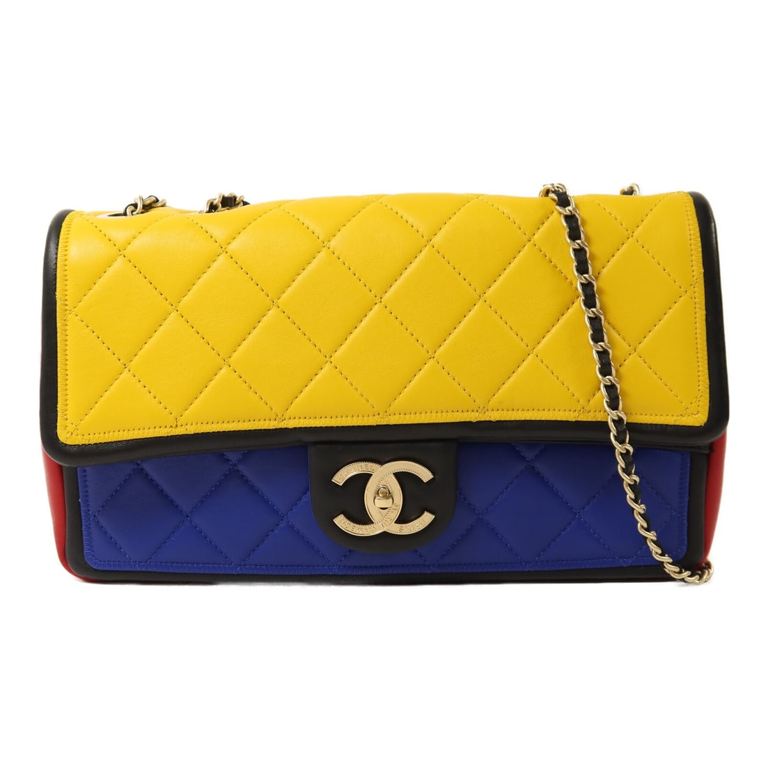 Multicolor Lambskin Medium Flap Shoulder Bag by Chanel with Gold Hardware: Multicolor Lambskin Medium Flap Shoulder Bag by Chanel with Gold Hardware This CHANEL shoulder bag features a medium flap design in multicolour lambskin leather, accented with CC hardware in a gold to