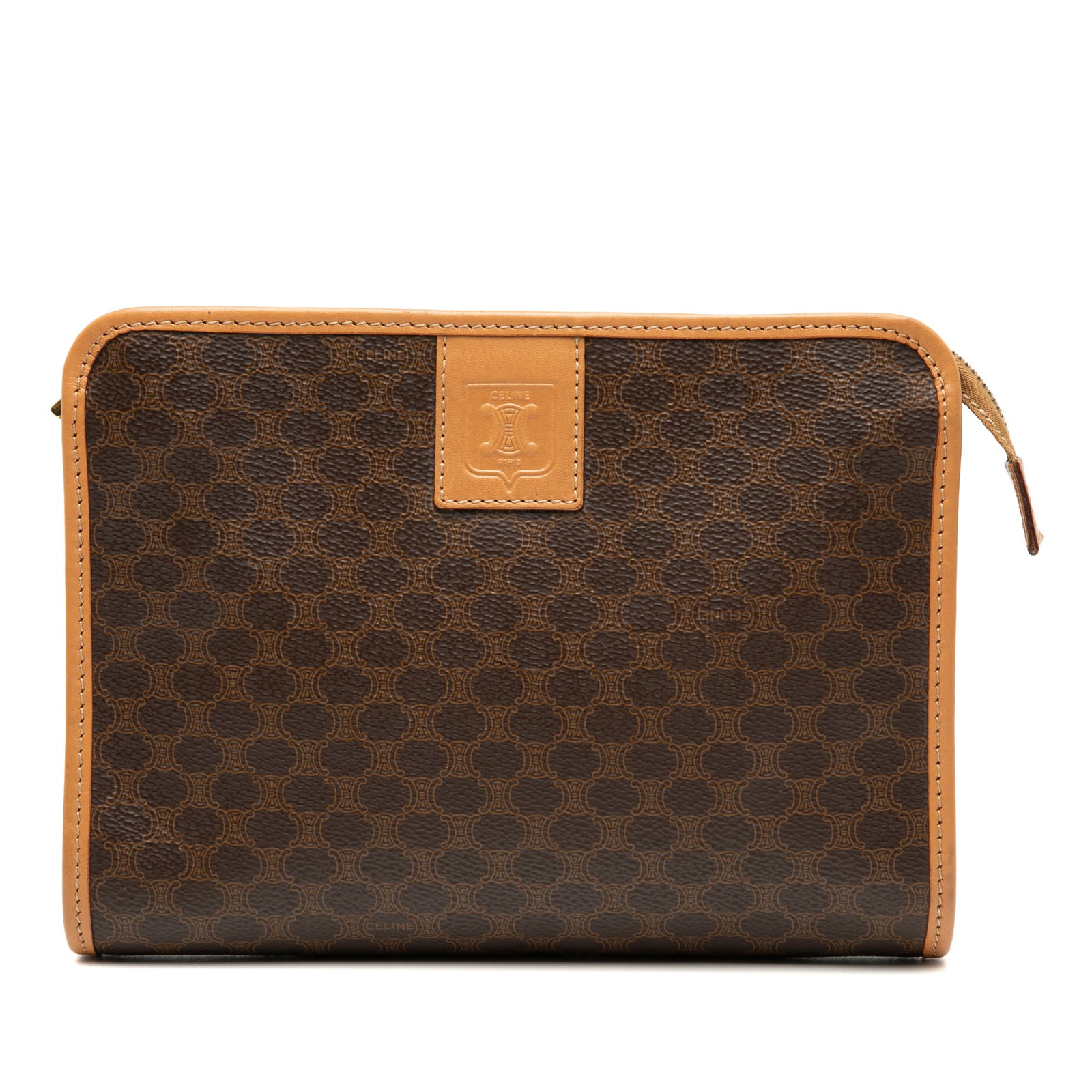 Celine Macadam Brown Coated Canvas Clutch with Leather Trim: Celine Macadam Brown Coated Canvas Clutch with Leather Trim This Celine clutch features the signature Macadam pattern in coated canvas with leather trim and a top zip closure. The bag is brown and mad