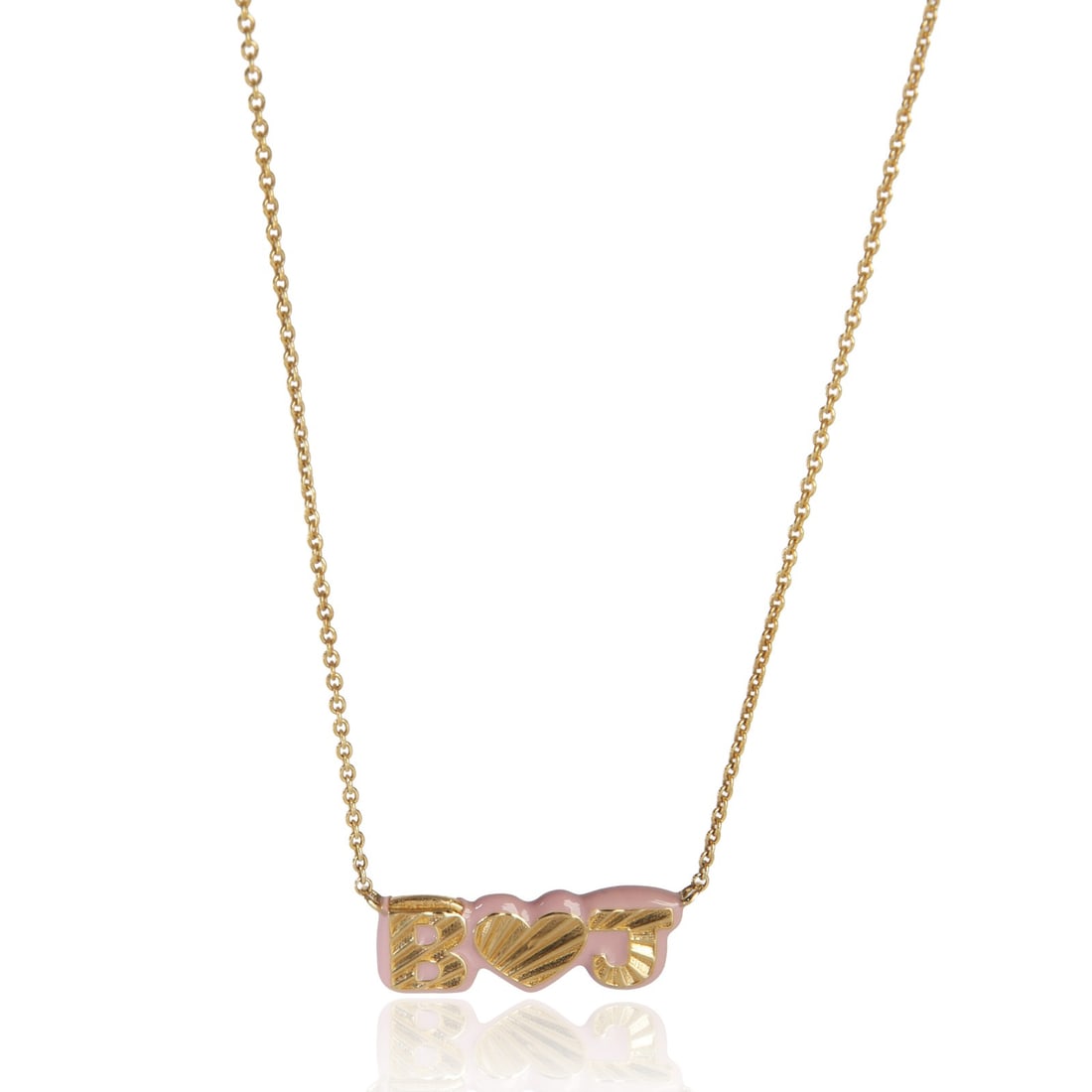 14K Yellow Gold Pendant with Light Purple Enamel Initial: 14K Yellow Gold Pendant with Light Purple Enamel Initial This women's pendant features a light purple enamel initial set in 14K yellow gold. The piece is pre-owned and comes with a lobster claw clasp.