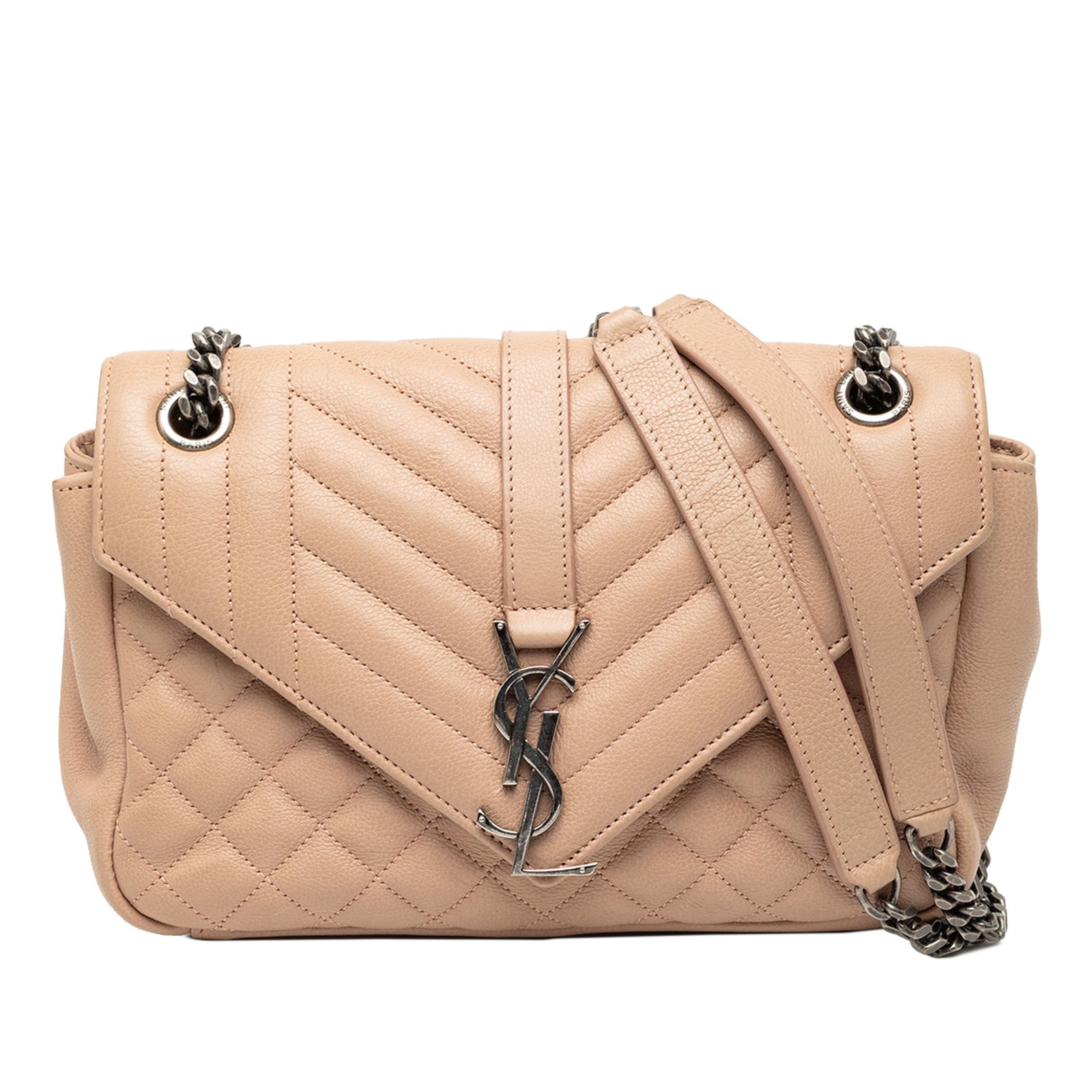 Saint Laurent College Bag Medium Quilted Sheepskin with Chain Strap: Saint Laurent College Bag Medium Quilted Sheepskin with Chain Strap This Saint Laurent Medium Sheepskin Triquilt Monogram College Bag features a quilted sheepskin leather body in beige, complemented b