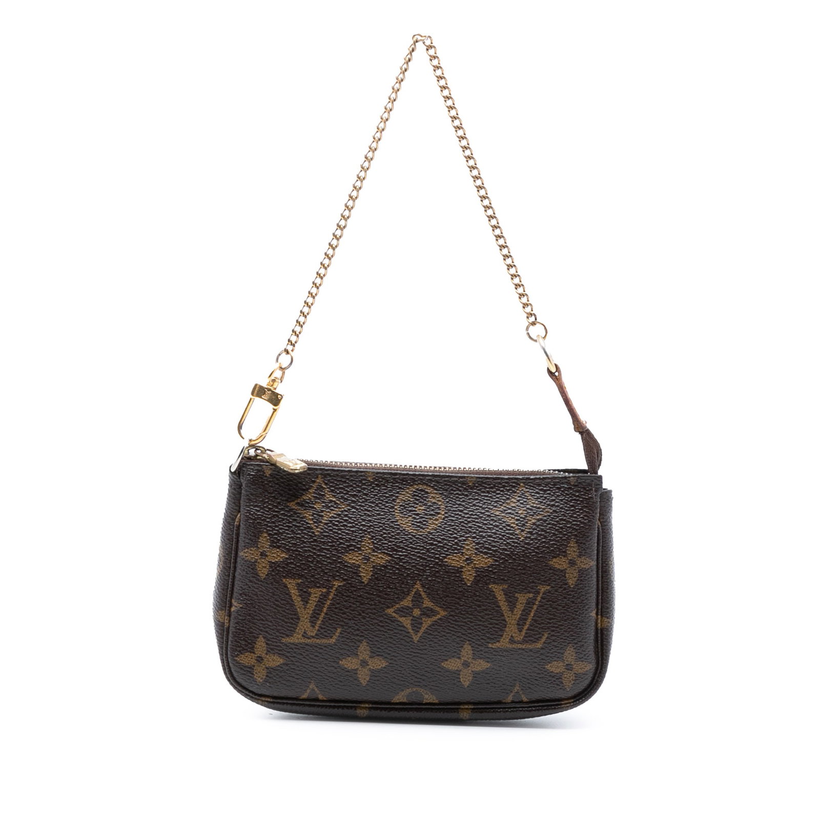 Louis Vuitton Monogram Canvas Mini Pochette with Chain Handle: Louis Vuitton Monogram Canvas Mini Pochette with Chain Handle This Louis Vuitton Mini Pochette Accessoires features the signature monogram canvas body, a chain link handle, and a top zip closure. The 