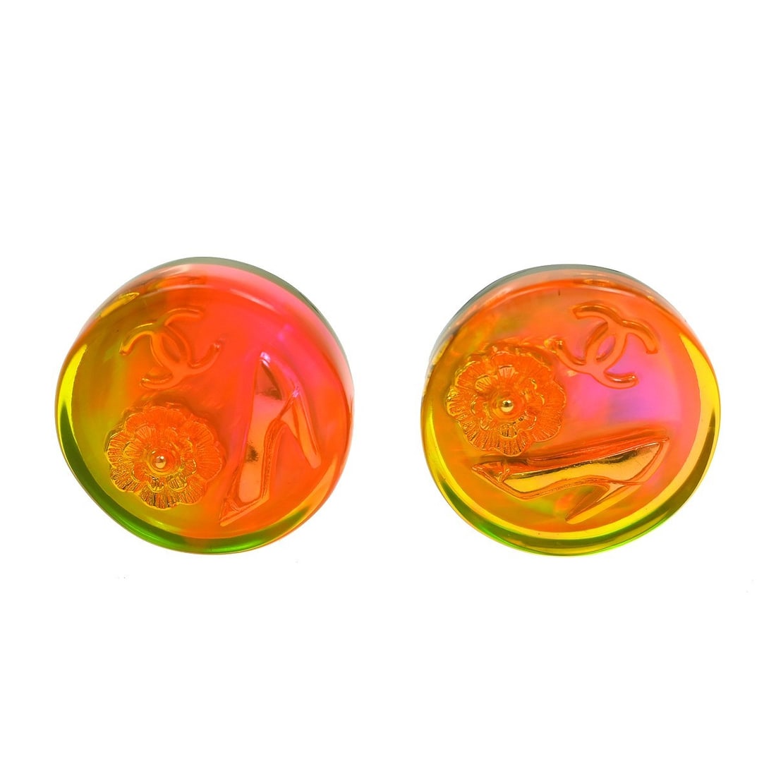 CHANEL Clip-On Button Earrings Pink Acrylic 97P: CHANEL Clip-On Button Earrings Pink Acrylic 97P These Chanel button earrings feature a clip-on closure and are crafted from pink acrylic with gold-tone metal accents. Designed in a logo theme, they of