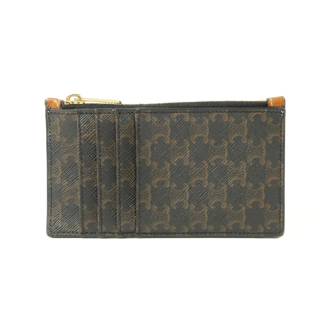 Celine Brown Coated Canvas Card Case: Celine Brown Coated Canvas Card Case This CELINE zipped compact card holder features a sleek design crafted from brown PVC coated canvas with calfskin leather accents. Designed for women, this card ca