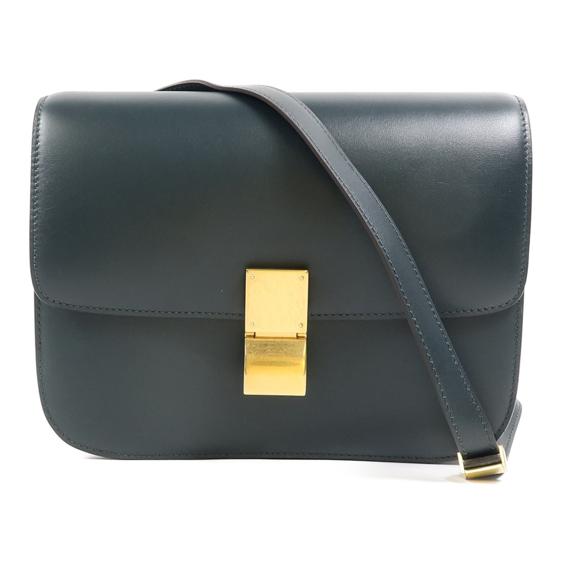 CELINE Classic Box Green Calfskin Shoulder Bag: CELINE Classic Box Green Calfskin Shoulder Bag This CELINE Classic Box Medium Shoulder Bag features a sophisticated green calfskin leather exterior with gold-tone hardware. Designed for women, the bag
