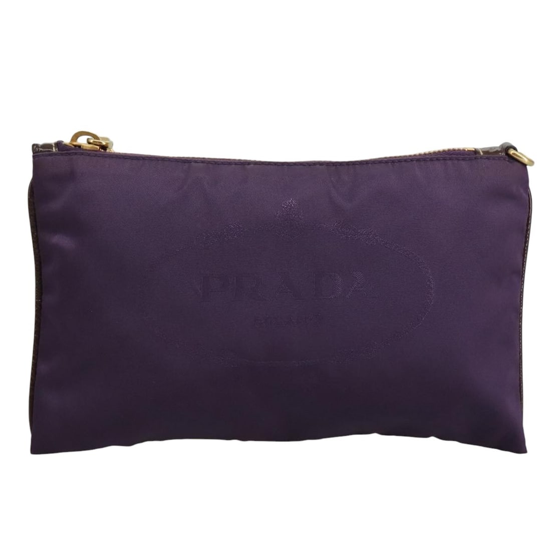 Purple Nylon Zip Pouch by Prada with Logo Detail: Purple Nylon Zip Pouch by Prada with Logo Detail This Prada Logo Zip Pouch is crafted from purple nylon and features a zip closure. Designed for women, it is made in Italy and offers a compact and pra