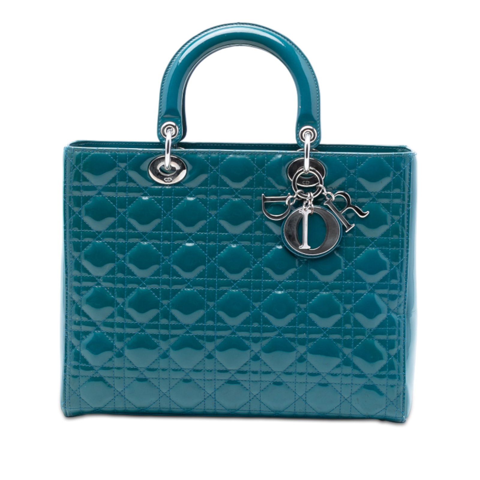 Dior Lady Dior Large Blue Patent Cannage Leather Handbag Italy: Dior Lady Dior Large Blue Patent Cannage Leather Handbag Italy This Lady Dior handbag features a blue patent leather body with the signature Cannage pattern, flat leather top handles, a top zip closur