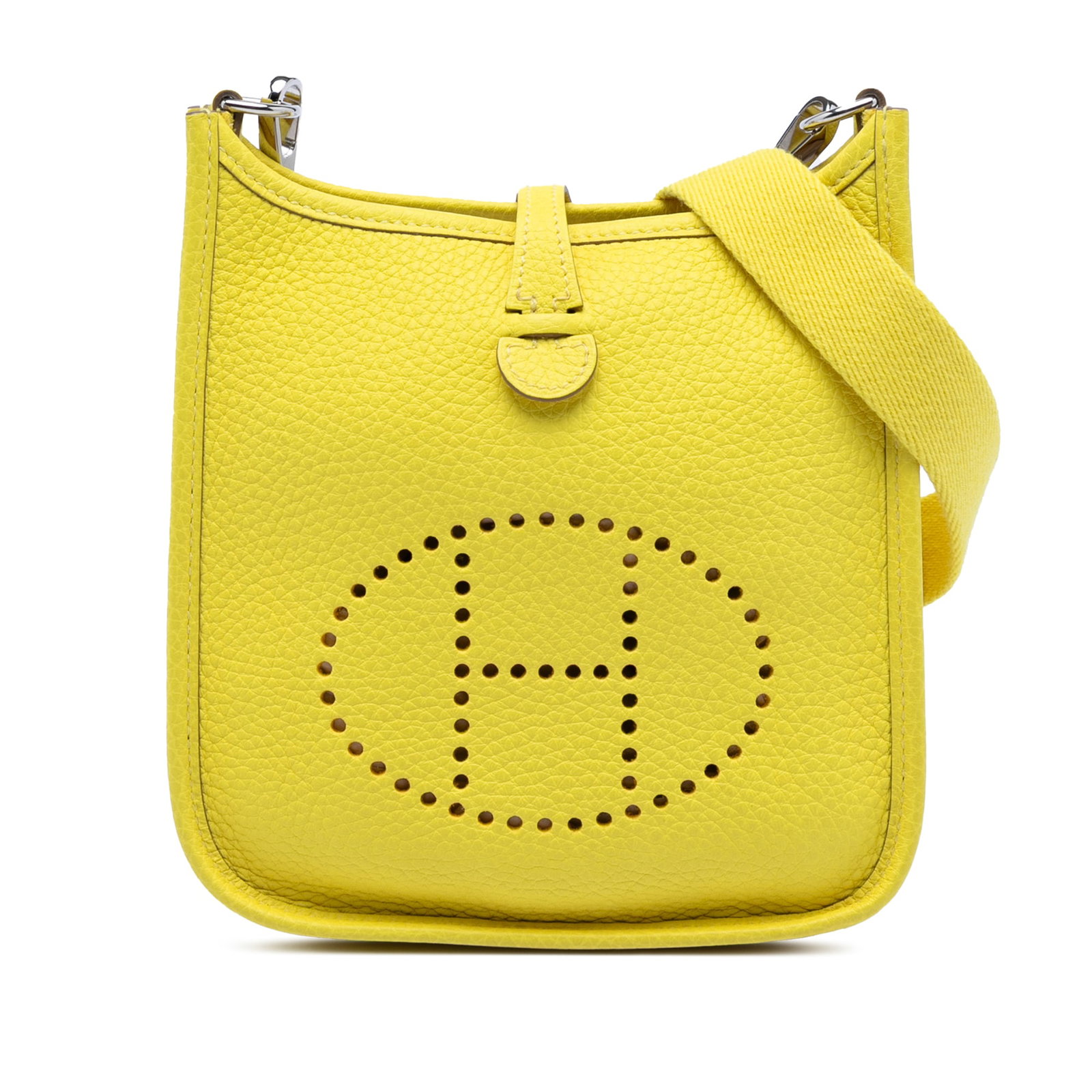 Hermes Evelyne TPM Lime Clemence Leather Bag with Canvas Strap: Hermes Evelyne TPM Lime Clemence Leather Bag with Canvas Strap This Hermes Evelyne TPM bag features a Clemence leather body in a vibrant Lime color, complemented by a detachable flat canvas strap. The