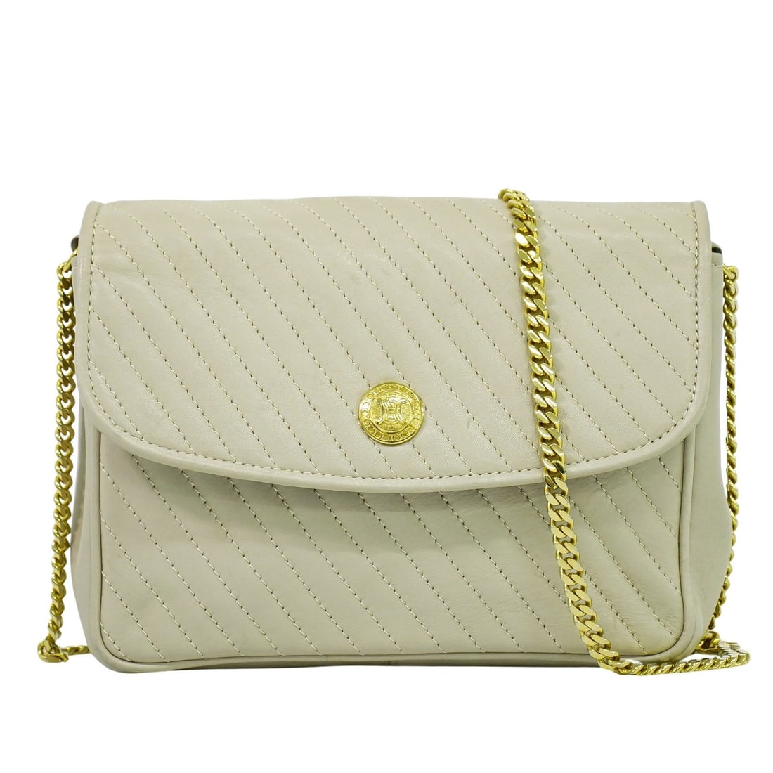 Beige Quilted Leather Crossbody Bag by Celine Vintage 20cm: Beige Quilted Leather Crossbody Bag by Celine Vintage 20cm This vintage Celine flap shoulder bag for women features beige quilted leather construction. It offers a compact design suitable for crossbod