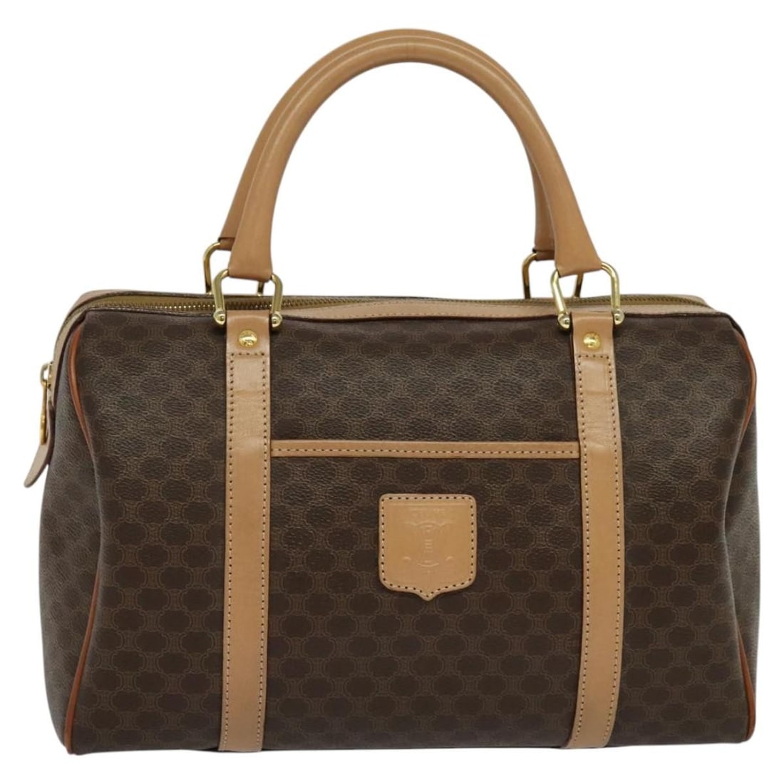 Celine Macadam Boston Brown Canvas and Leather Vintage Handbag 31cm: Celine Macadam Boston Brown Canvas and Leather Vintage Handbag 31cm This Celine Vintage Macadam Boston bag is crafted from brown canvas with leather accents. Designed for women, it features the classi