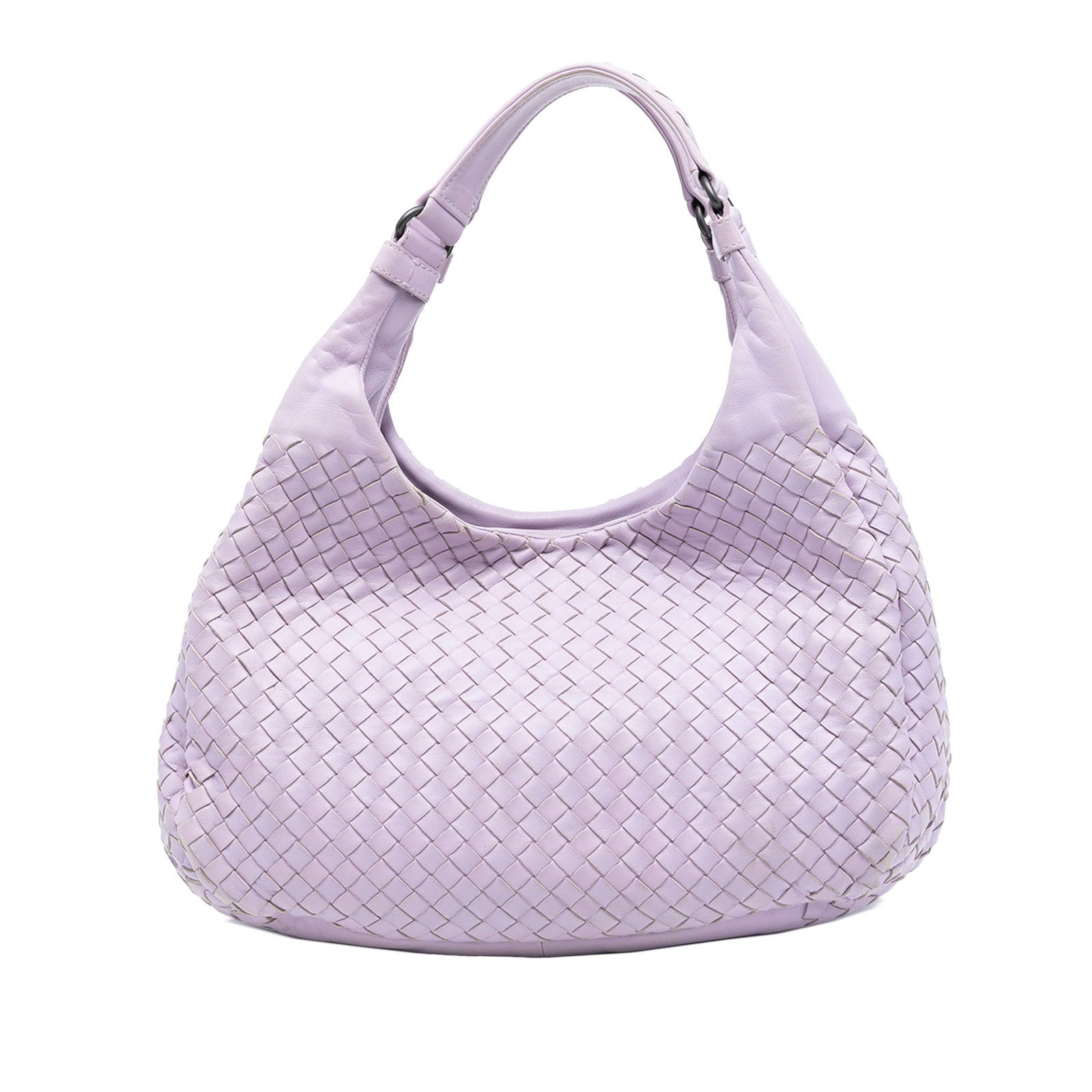 Bottega Veneta Campana Large Purple Woven Leather Hobo Bag: Bottega Veneta Campana Large Purple Woven Leather Hobo Bag This Bottega Veneta Large Nappa Intrecciato Campana Hobo showcases the brand's signature woven leather design in a purple tone. It features f