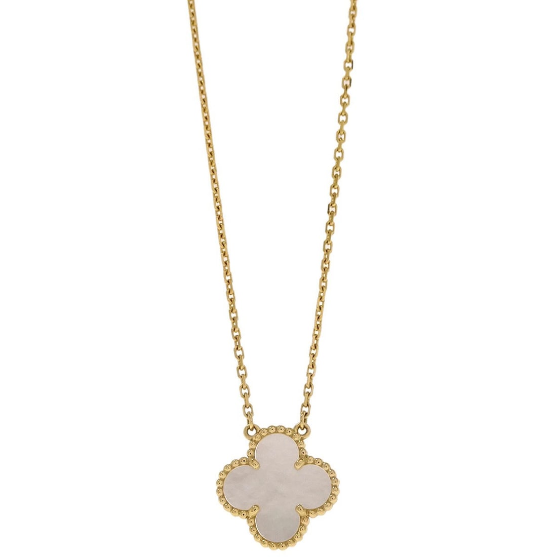 Van Cleef & Arpels Mother of Pearl Gold Alhambra Pendant Necklace 750: Van Cleef & Arpels Mother of Pearl Gold Alhambra Pendant Necklace 750 This exquisite Van Cleef & Arpels Alhambra Pendant Necklace features a stunning charm design crafted from 750 gold. The pendant is