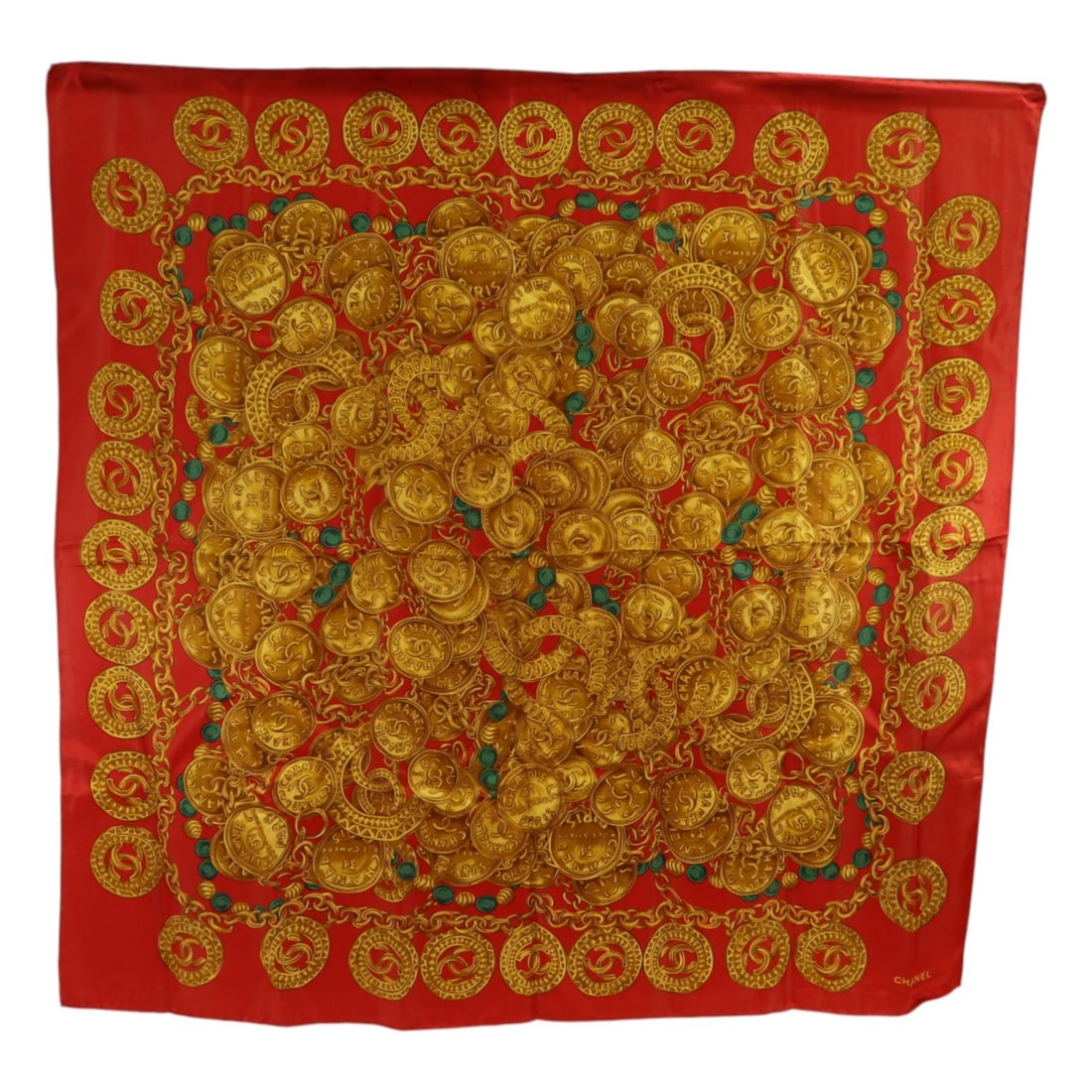 CHANEL Silk Scarf Red With Gold and Green Accents France: CHANEL Silk Scarf Red With Gold and Green Accents France This CHANEL scarf is crafted from luxurious silk and features a striking combination of red, gold, and green colors. Designed for women, it off